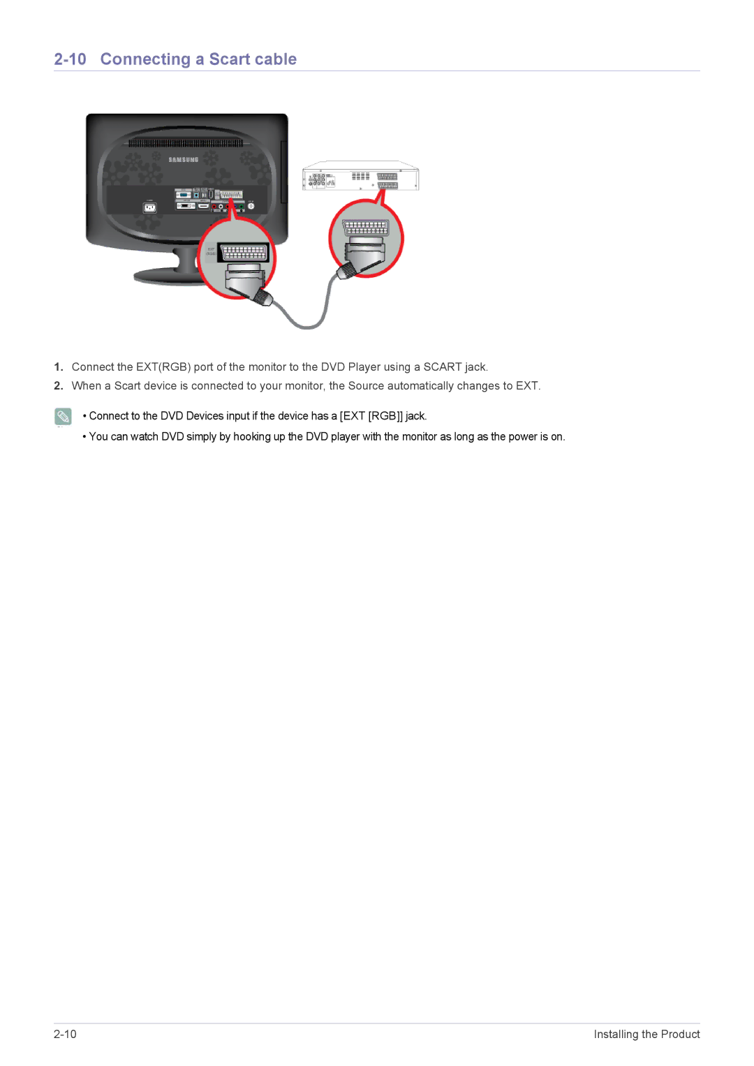 Samsung LS20CFVKFV/EN, LS20CFVKF/EN, LS20CFVKF/XE manual Connecting a Scart cable 