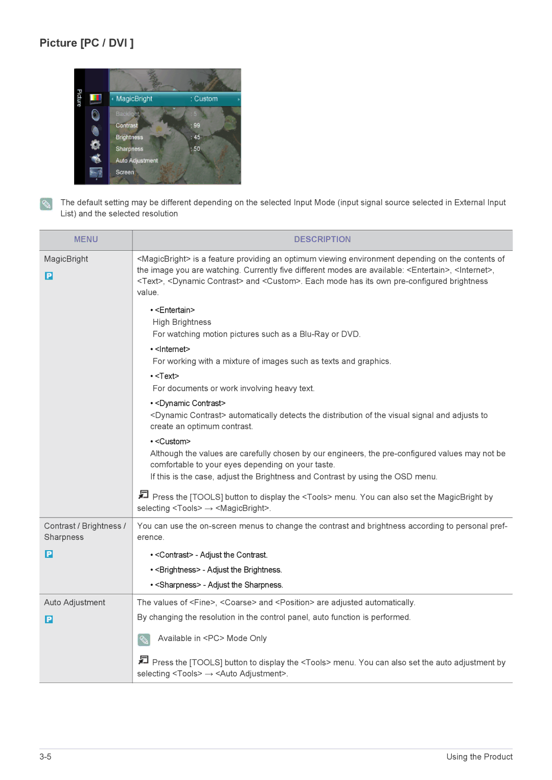 Samsung LS20CFVKFV/EN, LS20CFVKF/EN, LS20CFVKF/XE manual Picture PC / DVI, Menu Description 