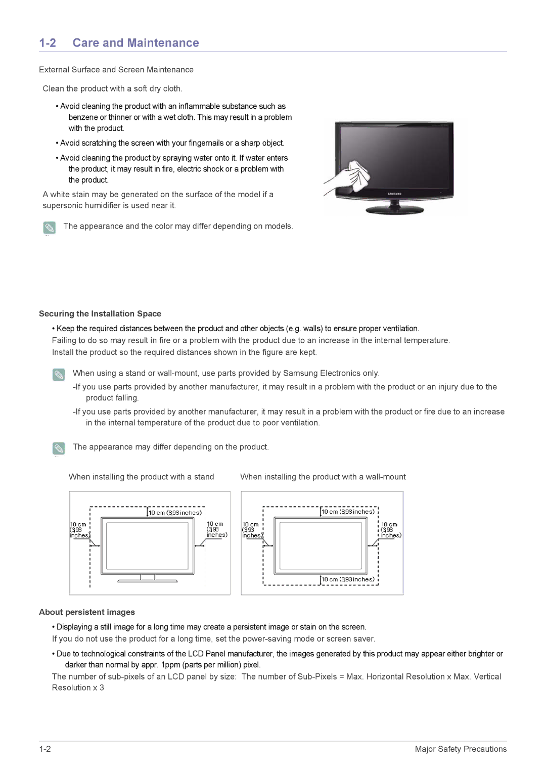 Samsung LS20CFVKFV/EN, LS20CFVKF/EN manual Care and Maintenance, Securing the Installation Space, About persistent images 