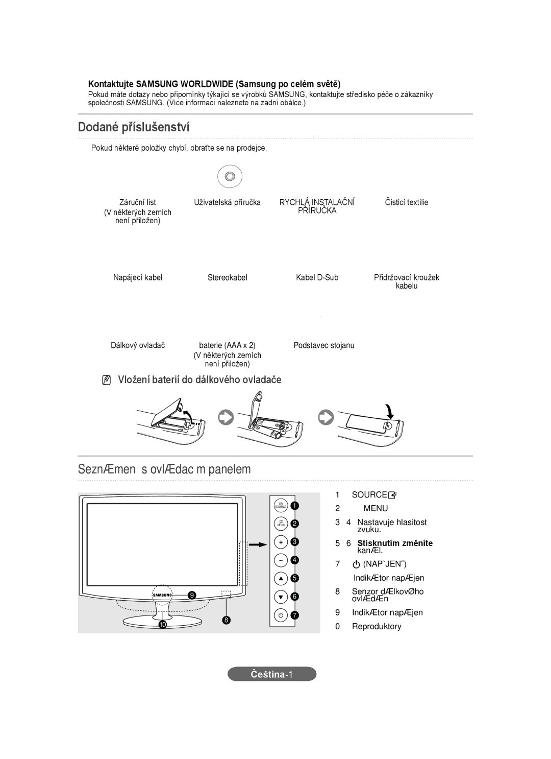 Samsung LS20CFVKF/XE, LS20CFVKF/EN, LS20CFVKFV/EN manual Dodané příslušenství, Čeština-1, Napájení 