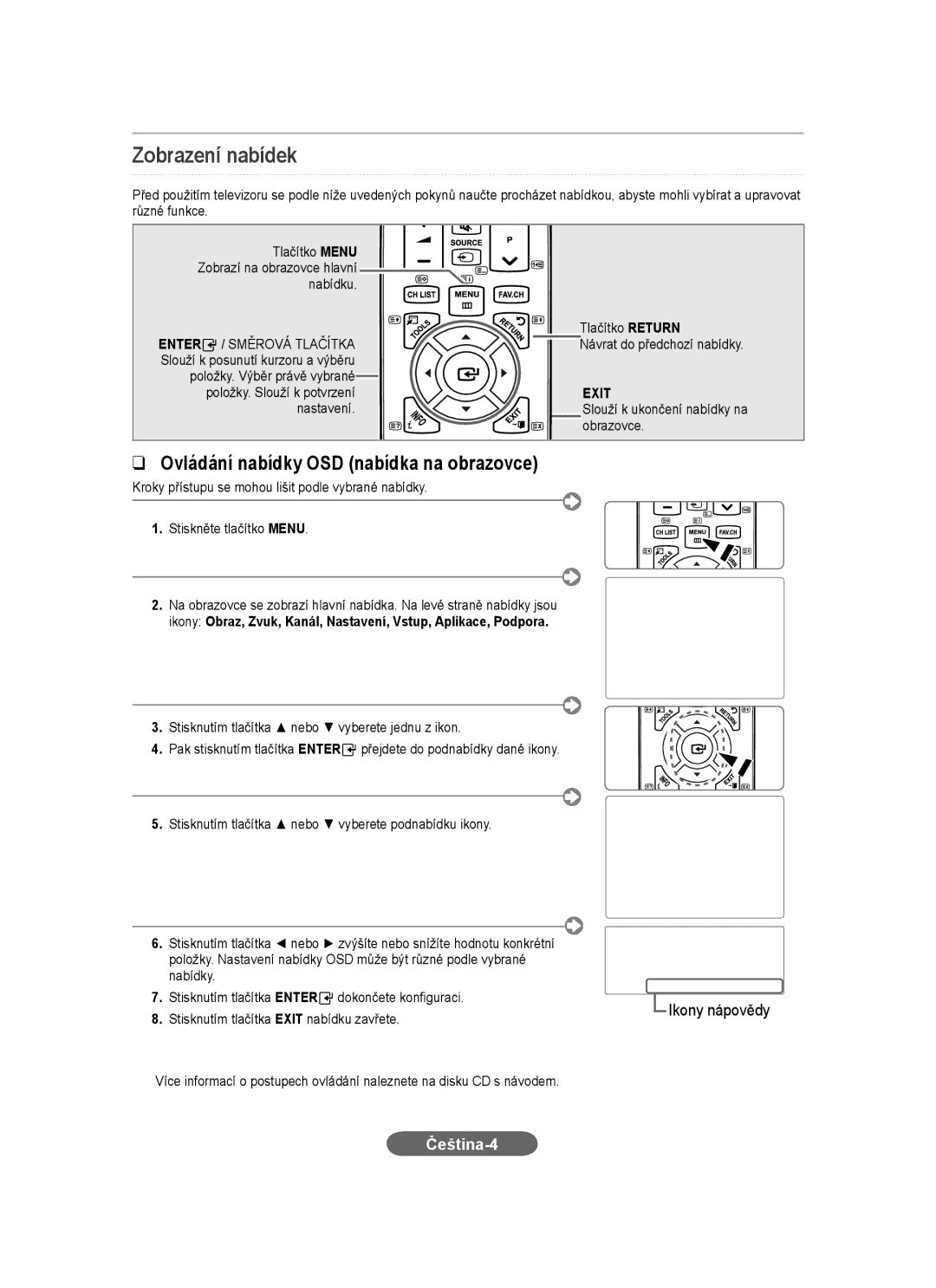 Samsung LS20CFVKF/XE, LS20CFVKF/EN, LS20CFVKFV/EN manual Zobrazení nabídek, Čeština-4 