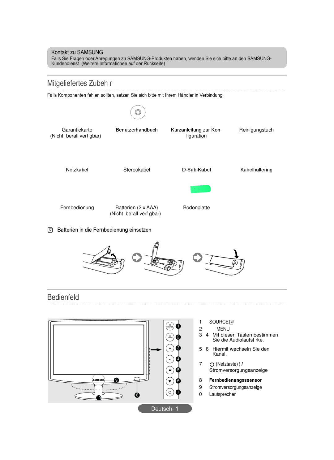 Samsung LS20CFVKF/XE, LS20CFVKF/EN, LS20CFVKFV/EN manual Mitgeliefertes Zubehör, Bedienfeld, Kontakt zu Samsung, Deutsch-1 