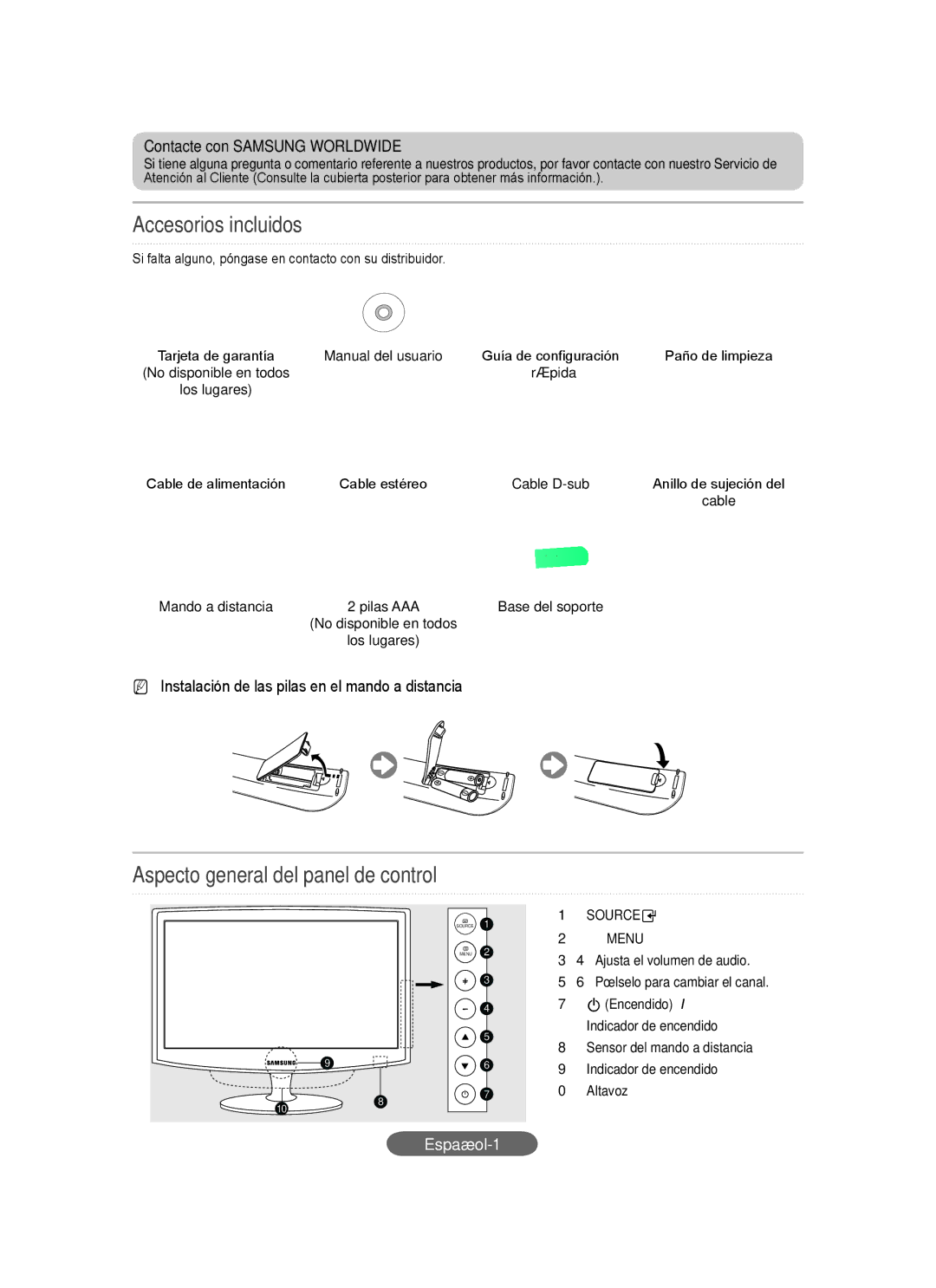 Samsung LS20CFVKF/XE Accesorios incluidos, Aspecto general del panel de control, Contacte con Samsung Worldwide, Español-1 