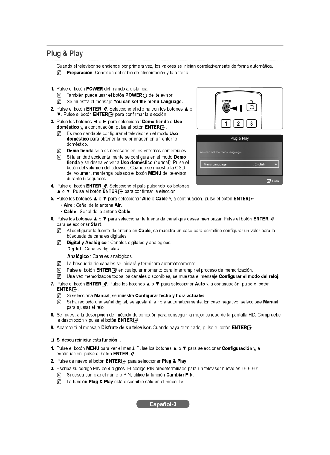 Samsung LS20CFVKFV/EN Español-3, NN Se muestra el mensaje You can set the menu Language, Si desea reiniciar esta función 