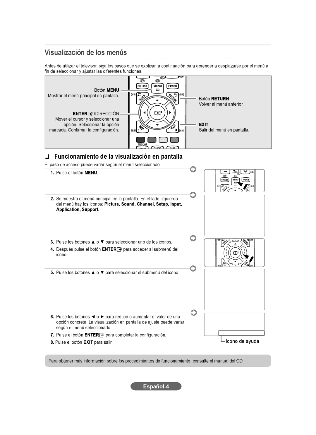 Samsung LS20CFVKF/XE, LS20CFVKF/EN Visualización de los menús, Funcionamiento de la visualización en pantalla, Español-4 