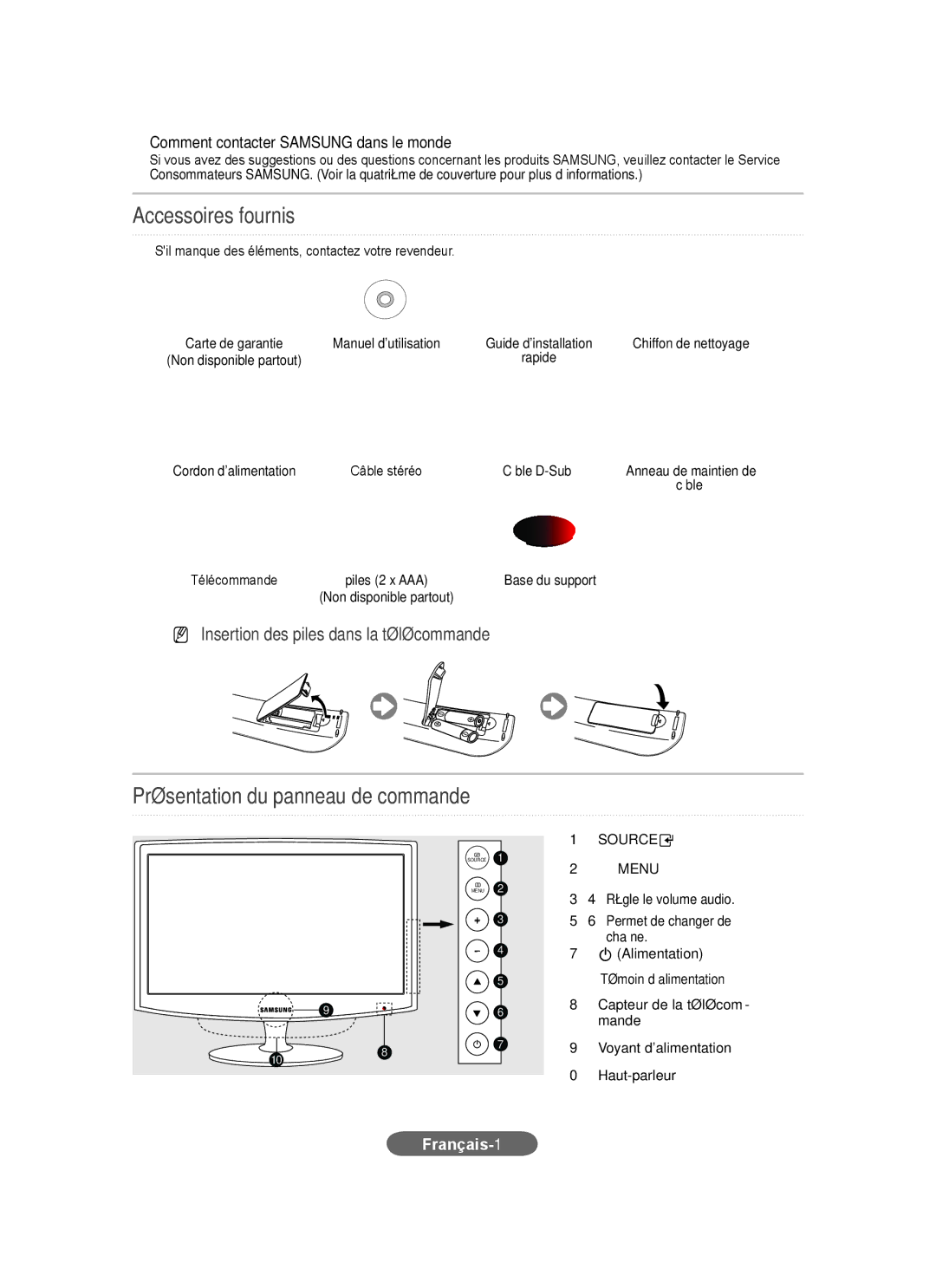 Samsung LS20CFVKF/XE Accessoires fournis, Présentation du panneau de commande, Comment contacter Samsung dans le monde 