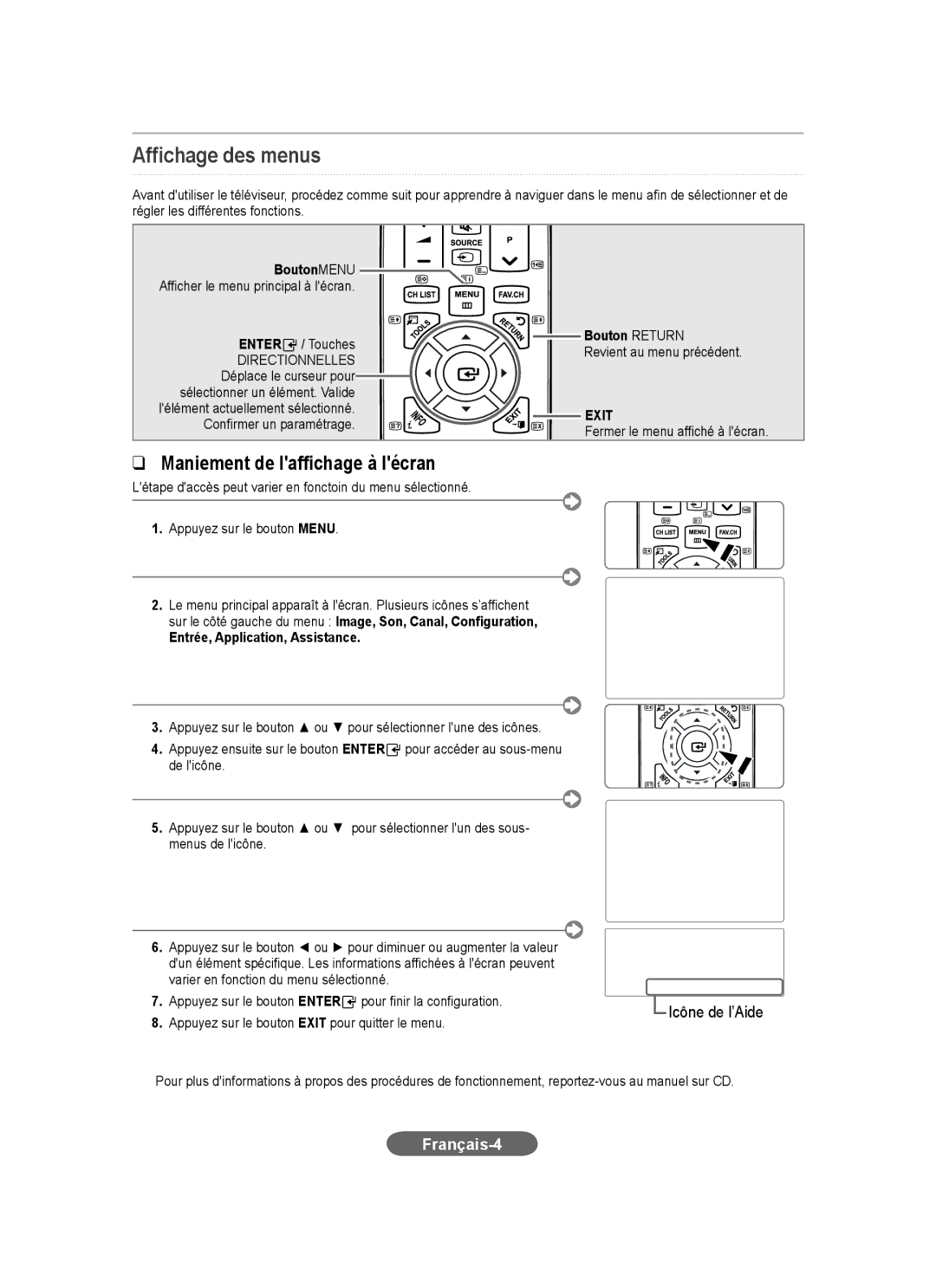 Samsung LS20CFVKF/XE manual Affichage des menus, Français-4, BoutonMENU, Bouton Return, Entrée, Application, Assistance 