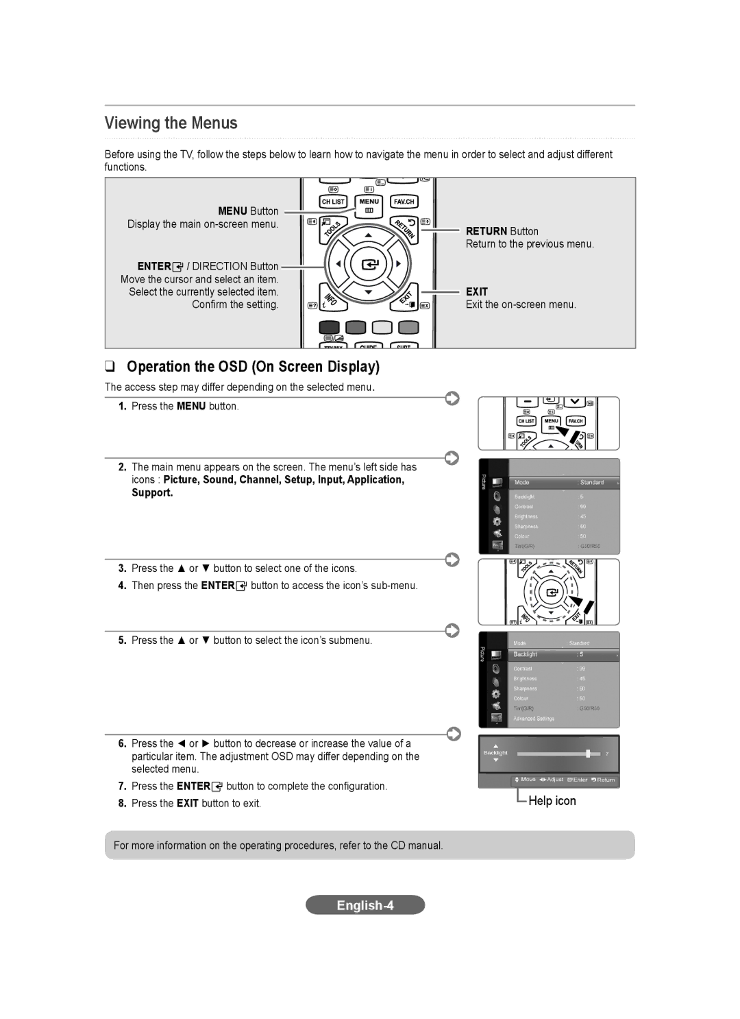 Samsung LS20CFVKF/XE, LS20CFVKF/EN, LS20CFVKFV/EN manual Viewing the Menus, English-4, Return Button, Support 