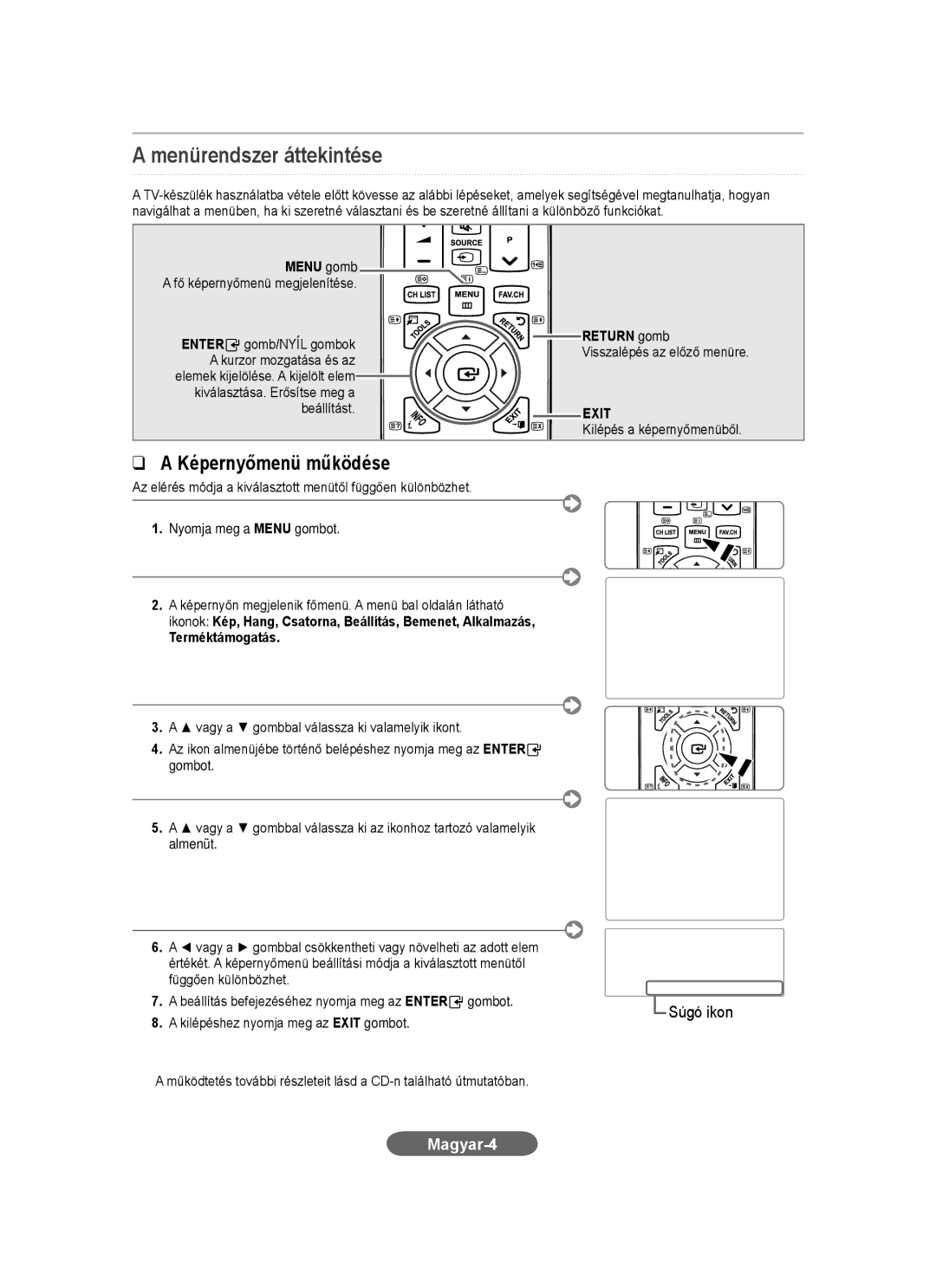 Samsung LS20CFVKF/XE, LS20CFVKF/EN, LS20CFVKFV/EN manual Menürendszer áttekintése, Magyar-4, Menu gomb, Terméktámogatás 