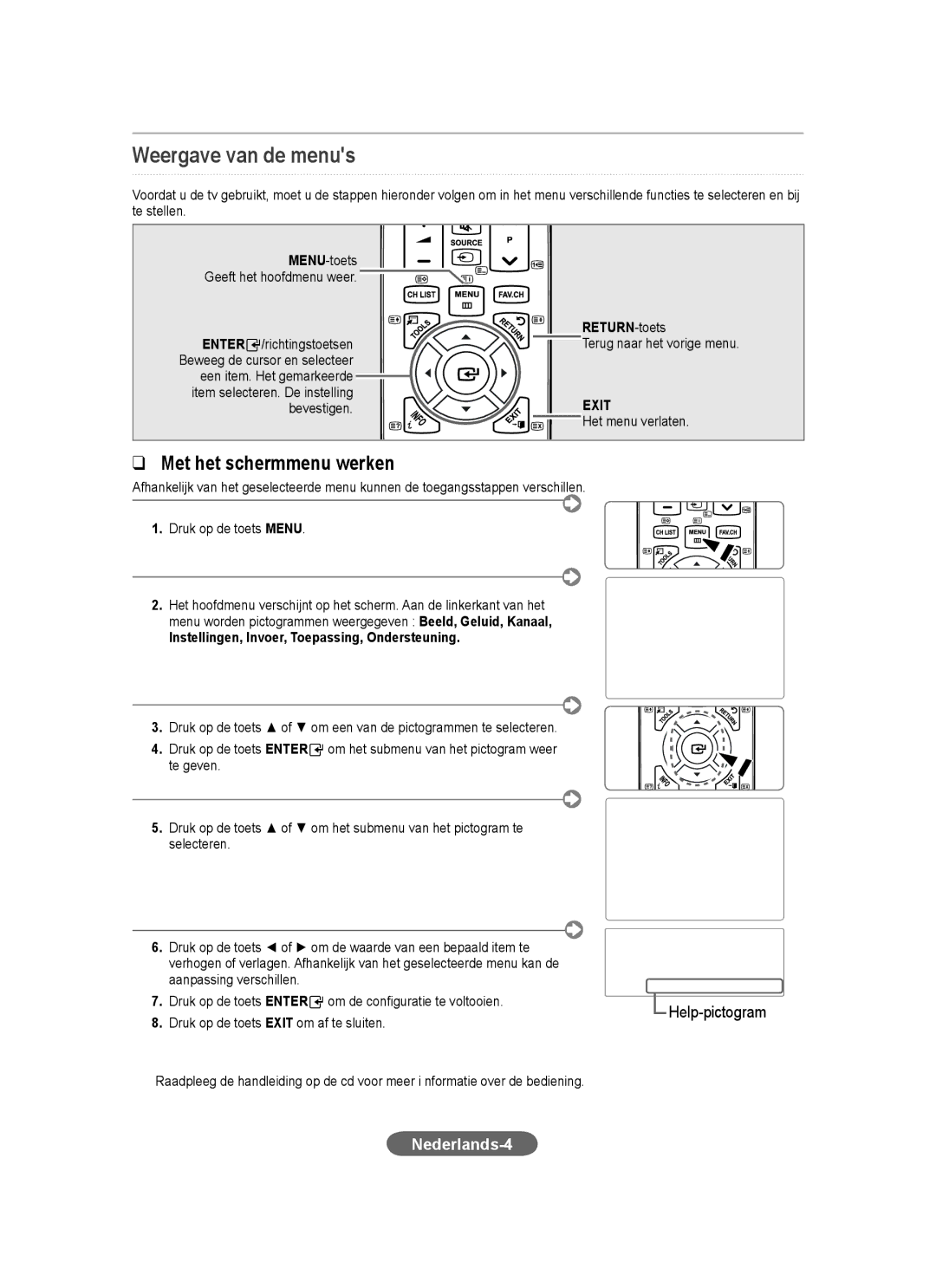 Samsung LS20CFVKF/XE Weergave van de menus, Nederlands-4, RETURN-toets, Instellingen, Invoer, Toepassing, Ondersteuning 