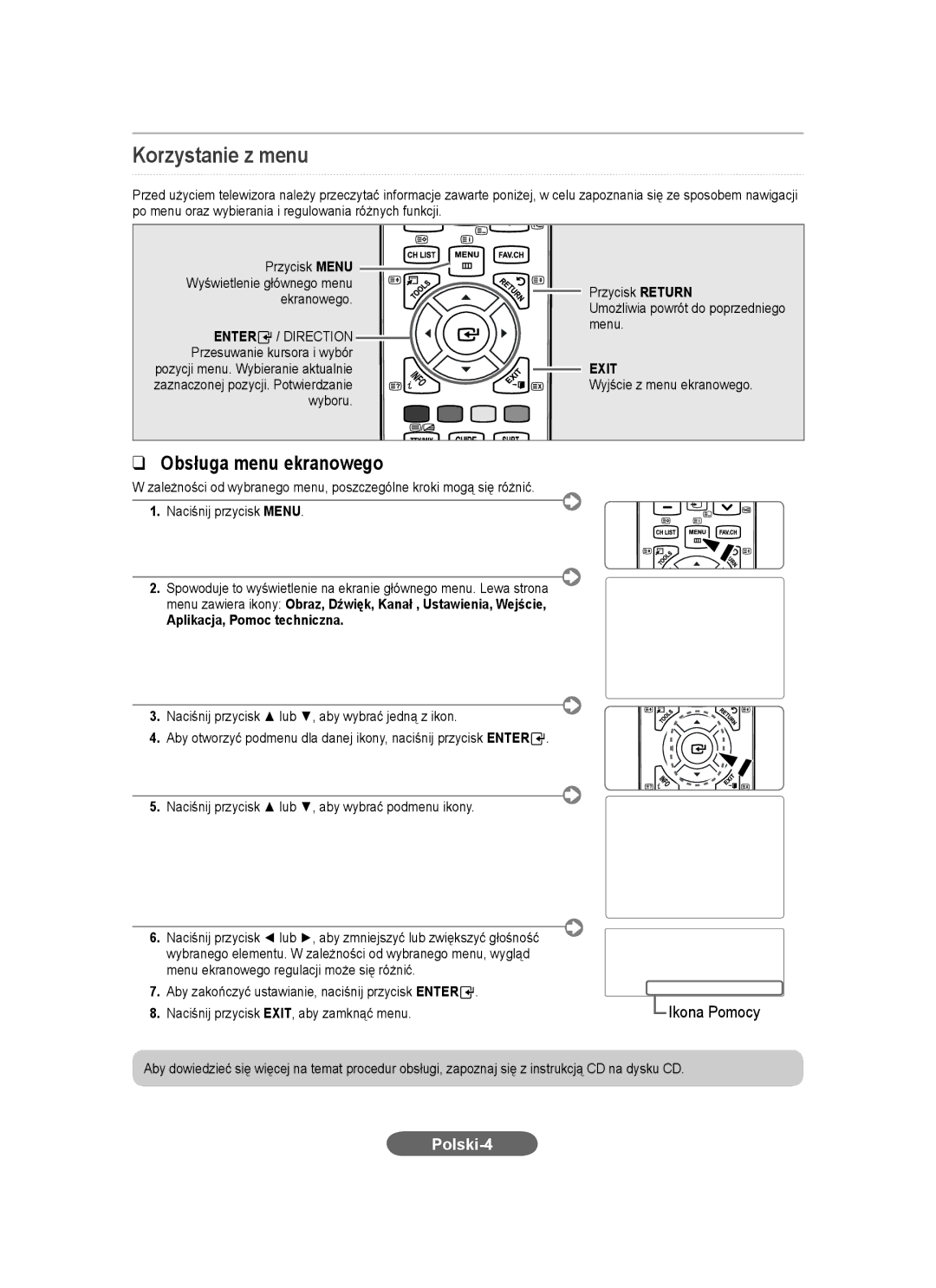 Samsung LS20CFVKF/XE, LS20CFVKF/EN manual Korzystanie z menu, Obsługa menu ekranowego, Polski-4, Aplikacja, Pomoc techniczna 