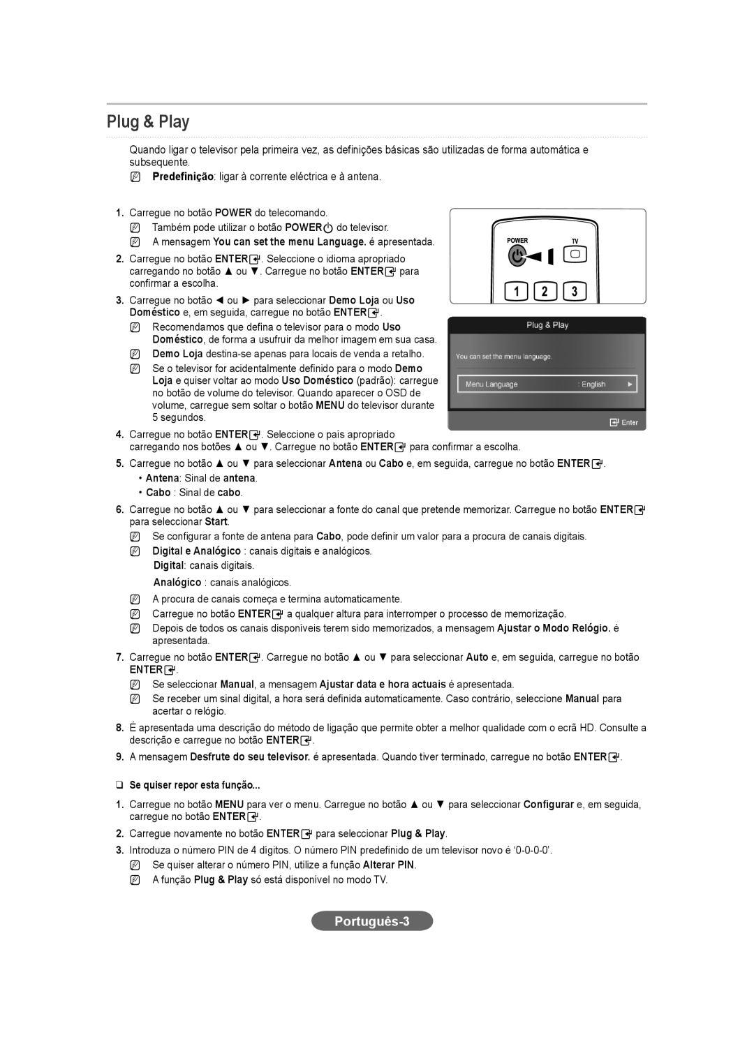 Samsung LS20CFVKFV/EN Português-3, NN a mensagem You can set the menu Language. é apresentada, Se quiser repor esta função 