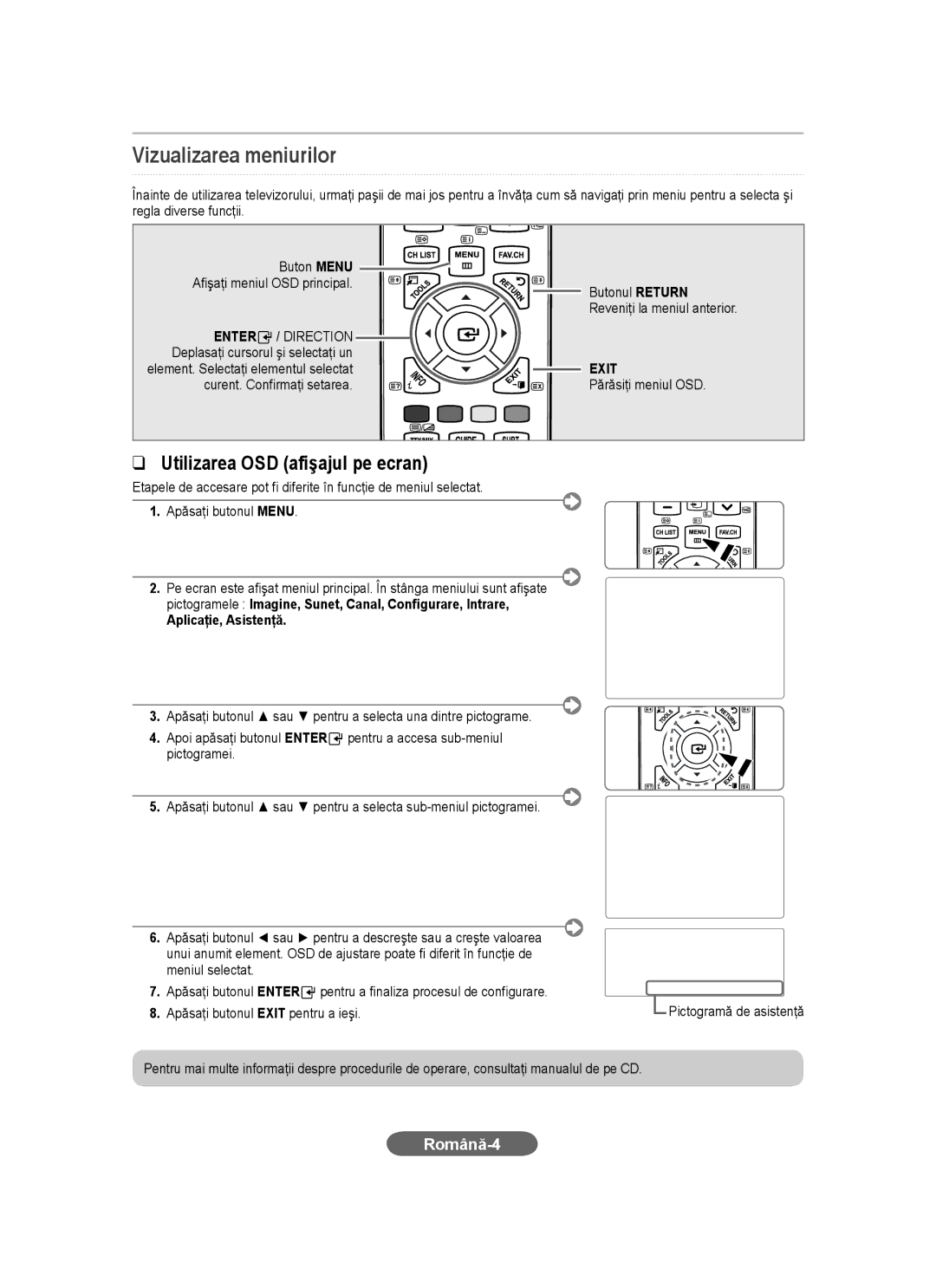 Samsung LS20CFVKF/XE manual Vizualizarea meniurilor, Utilizarea OSD afişajul pe ecran, Română-4, Aplicaţie, Asistenţă 