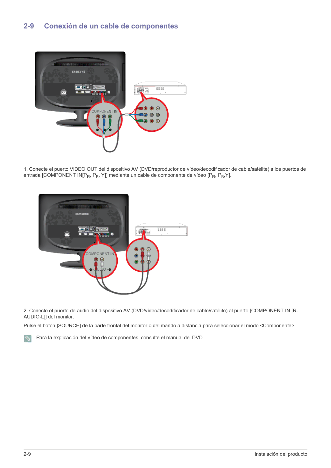 Samsung LS20CFVKF/EN, LS20CFVKFV/EN manual Conexión de un cable de componentes 