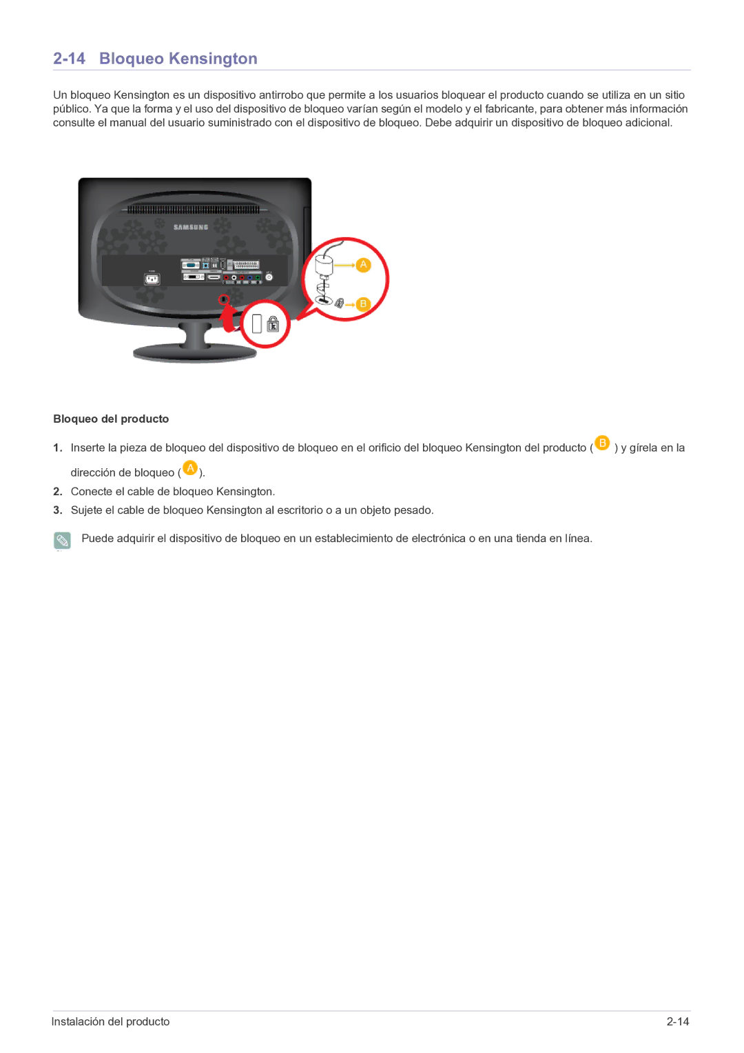 Samsung LS20CFVKFV/EN, LS20CFVKF/EN manual Bloqueo Kensington, Bloqueo del producto 