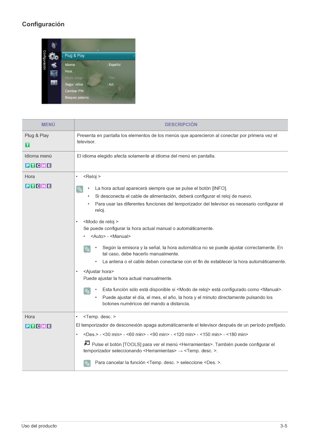 Samsung LS20CFVKFV/EN, LS20CFVKF/EN manual Configuración, Des. 30 min 60 min 90 min 120 min 150 min 180 min 