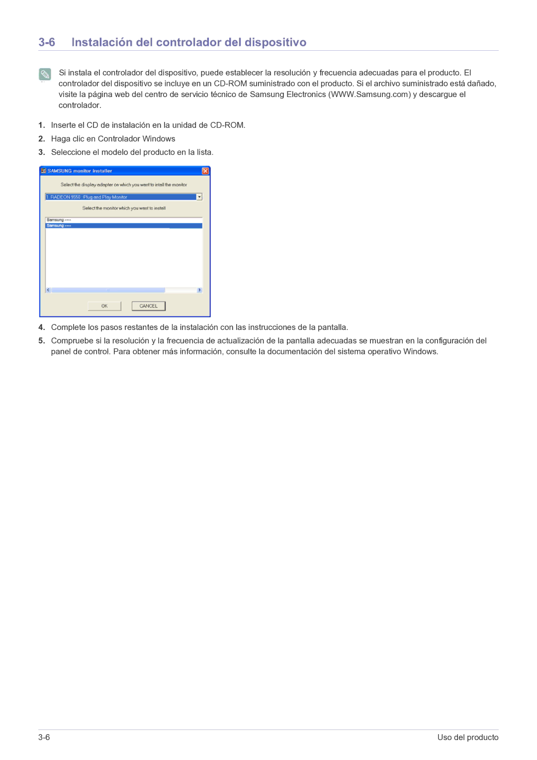 Samsung LS20CFVKF/EN, LS20CFVKFV/EN manual Instalación del controlador del dispositivo 