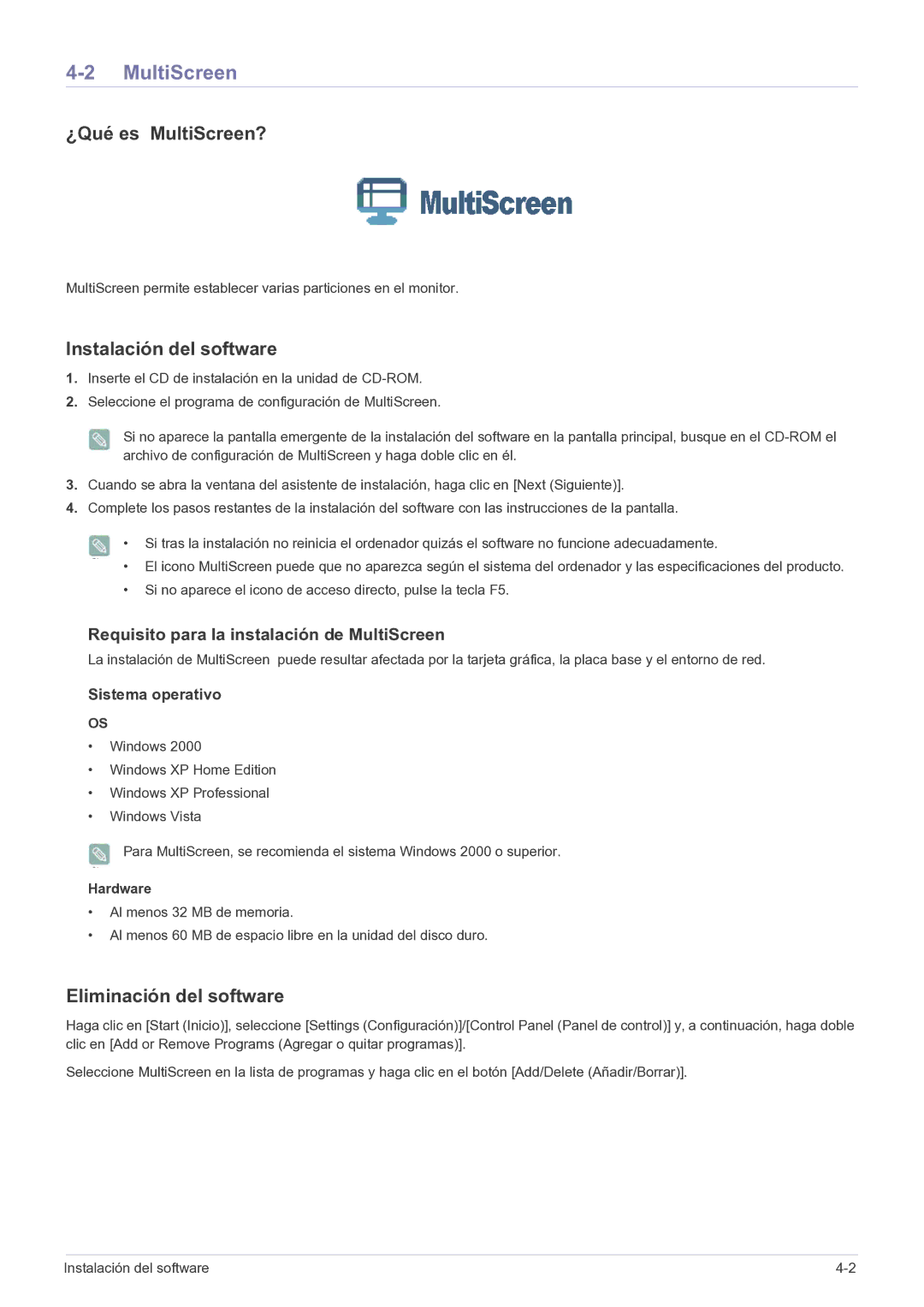 Samsung LS20CFVKFV/EN, LS20CFVKF/EN ¿Qué es MultiScreen?, Instalación del software, Eliminación del software, Hardware 