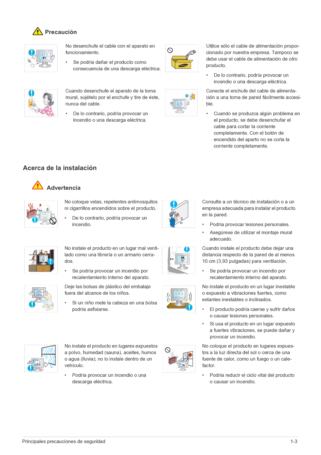 Samsung LS20CFVKFV/EN, LS20CFVKF/EN manual Acerca de la instalación, No desenchufe el cable con el aparato en funcionamiento 