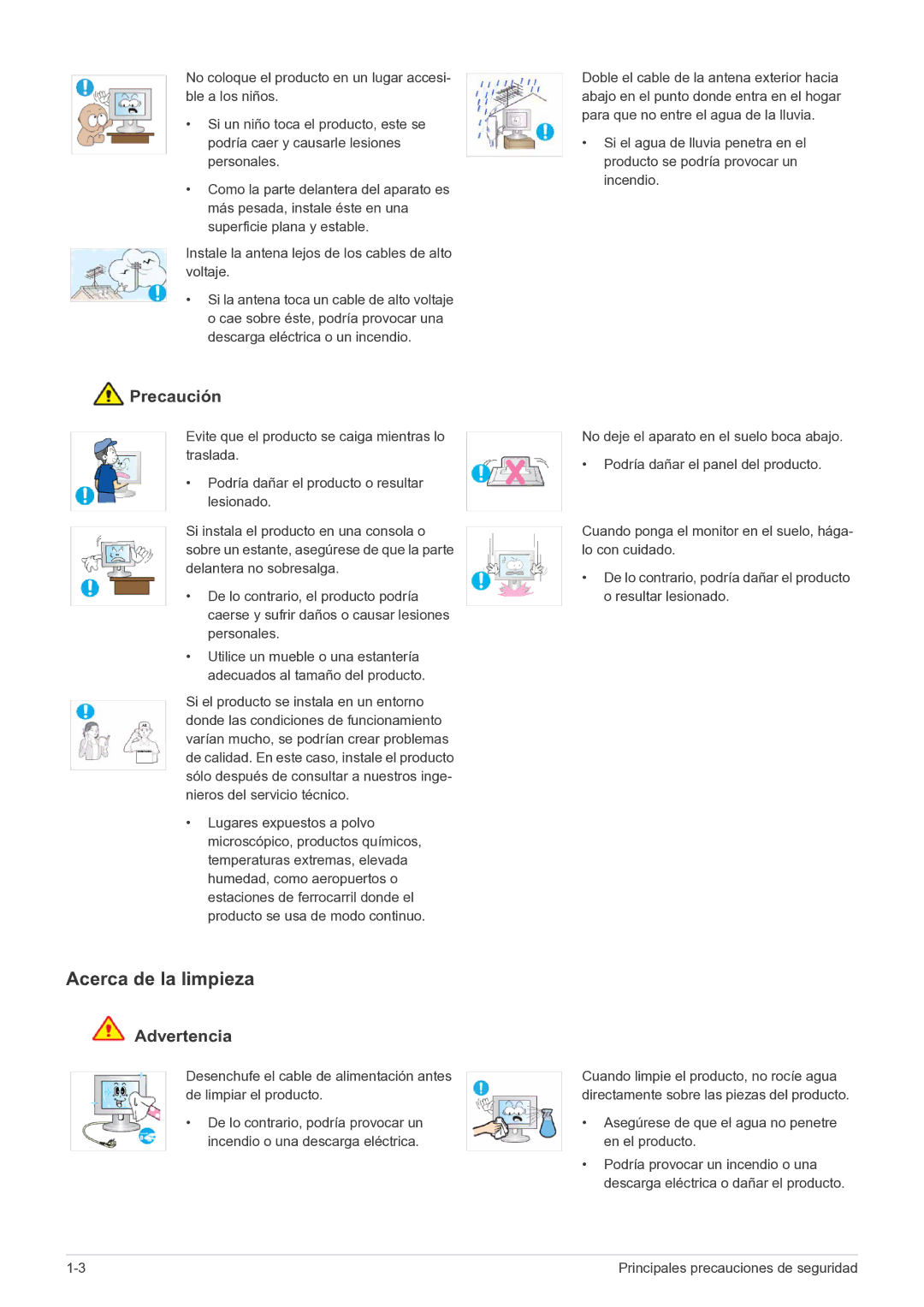 Samsung LS20CFVKF/EN, LS20CFVKFV/EN manual Acerca de la limpieza, Asegúrese de que el agua no penetre en el producto 