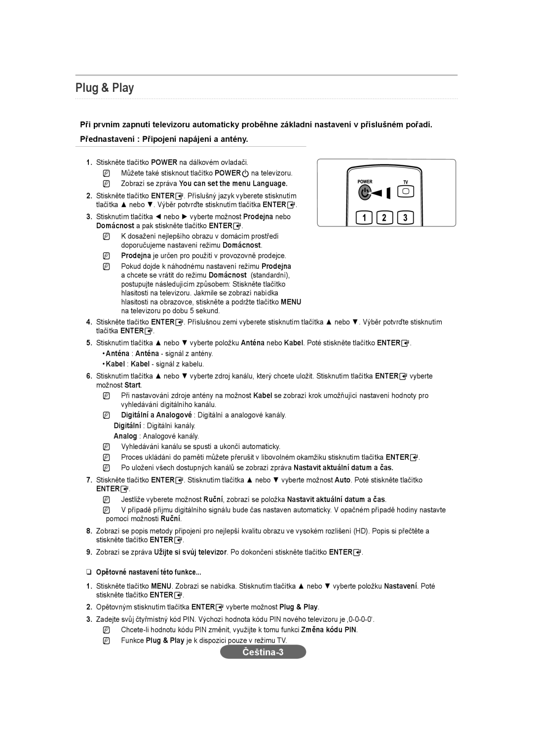 Samsung LS20CFVKF/EN manual Čeština-3, Stiskněte tlačítko Power na dálkovém ovladači, Opětovné nastavení této funkce 