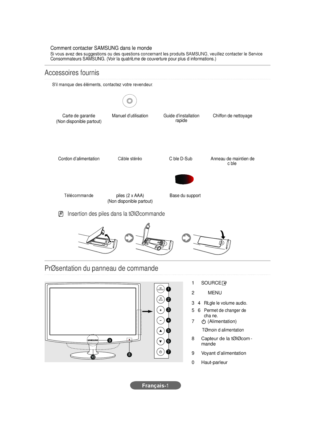 Samsung LS20CFVKF/EN Accessoires fournis, Présentation du panneau de commande, Comment contacter Samsung dans le monde 