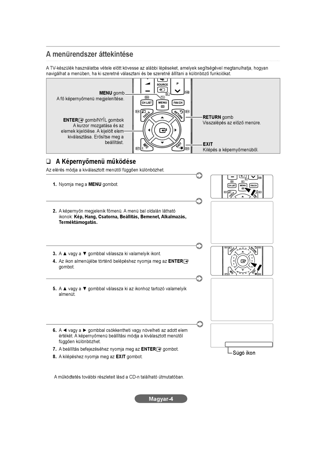 Samsung LS20CFVKF/XE, LS20CFVKF/EN manual Menürendszer áttekintése, Magyar-4, Menu gomb, Terméktámogatás 