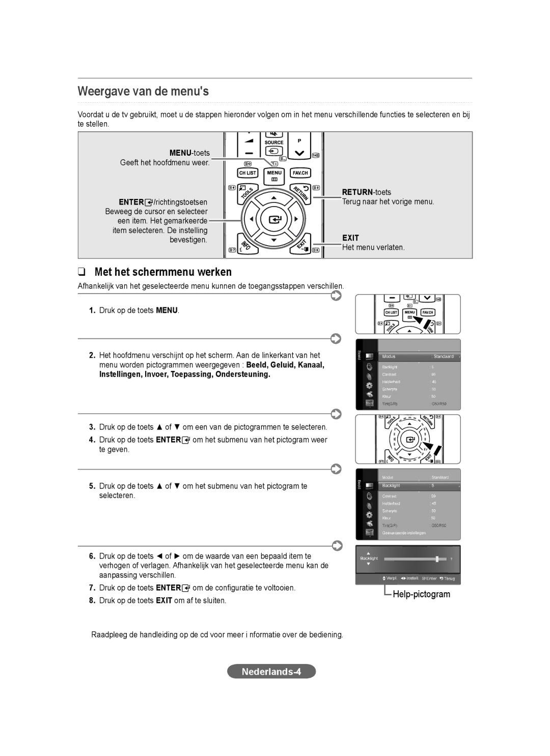 Samsung LS20CFVKF/XE Weergave van de menus, Nederlands-4, RETURN-toets, Instellingen, Invoer, Toepassing, Ondersteuning 