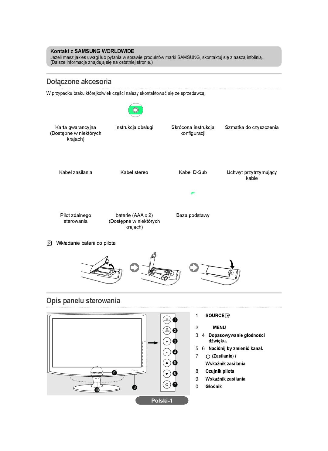 Samsung LS20CFVKF/EN, LS20CFVKF/XE manual Dołączone akcesoria, Opis panelu sterowania, Kontakt z Samsung Worldwide, Polski-1 