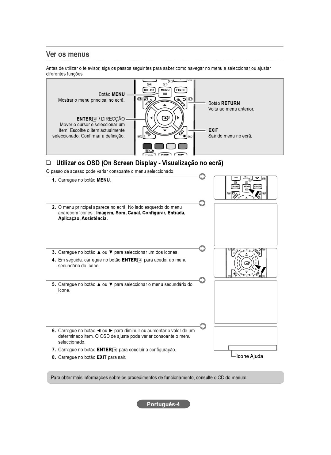 Samsung LS20CFVKF/XE, LS20CFVKF/EN Ver os menus, Português-4, Botão Return Volta ao menu anterior, Sair do menu no ecrã 