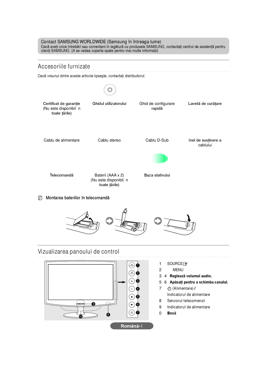 Samsung LS20CFVKF/EN, LS20CFVKF/XE Accesoriile furnizate, Contact Samsung Worldwide Samsung în întreaga lume, Română-1 