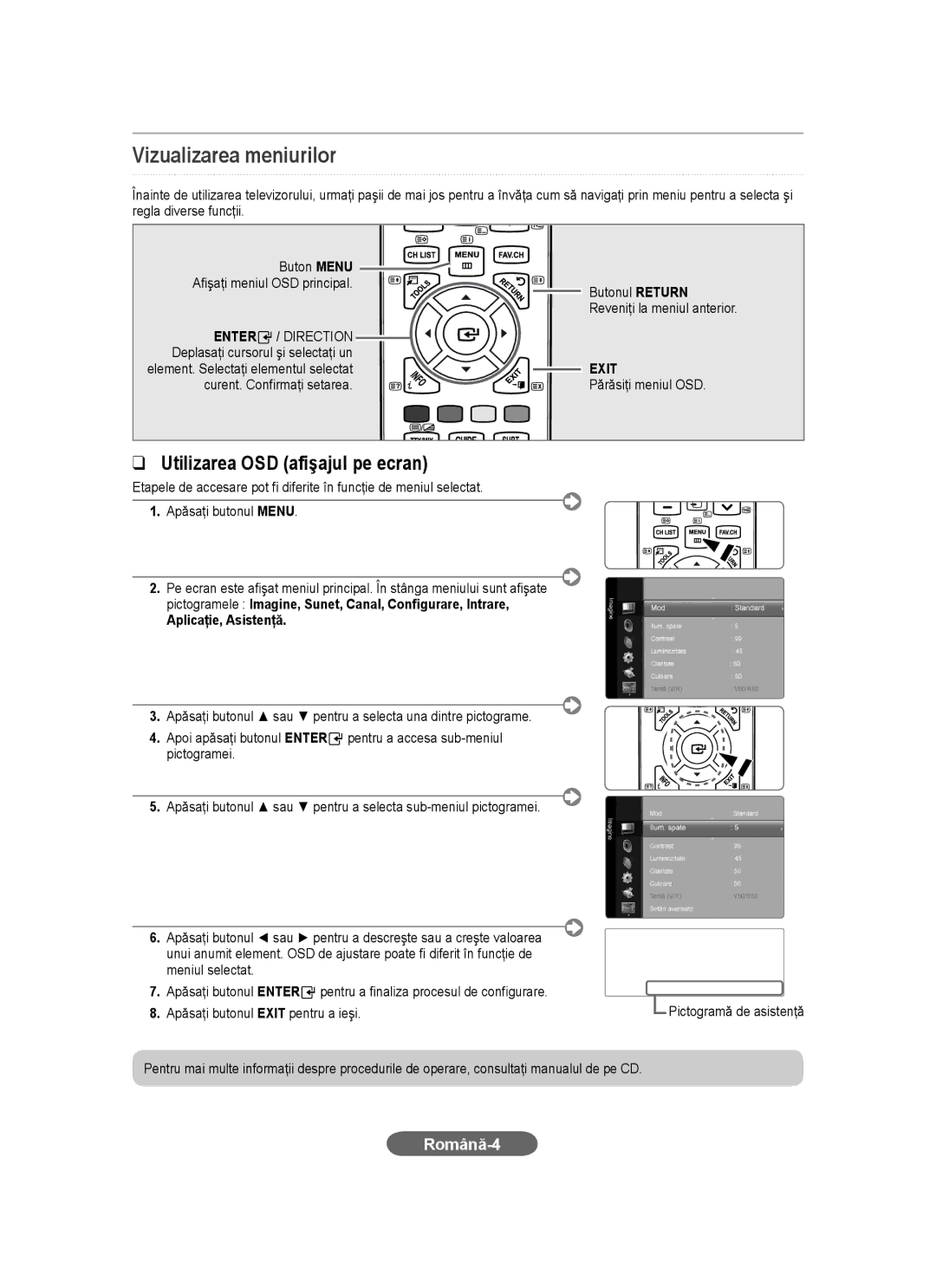 Samsung LS20CFVKF/XE manual Vizualizarea meniurilor, Utilizarea OSD afişajul pe ecran, Română-4, Aplicaţie, Asistenţă 