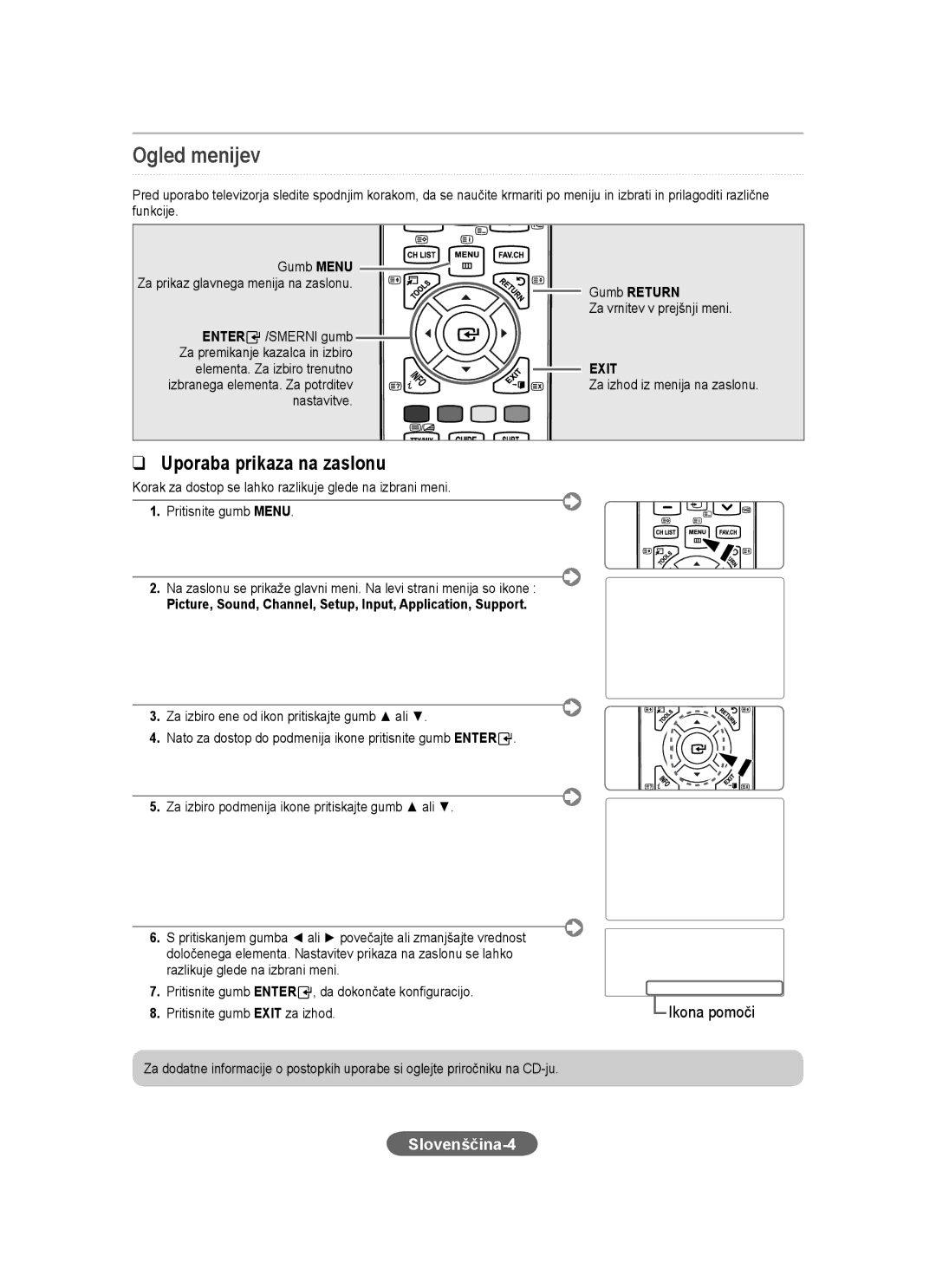 Samsung LS20CFVKF/XE, LS20CFVKF/EN manual Ogled menijev, Slovenščina-4, Nastavitve Gumb Return Za vrnitev v prejšnji meni 