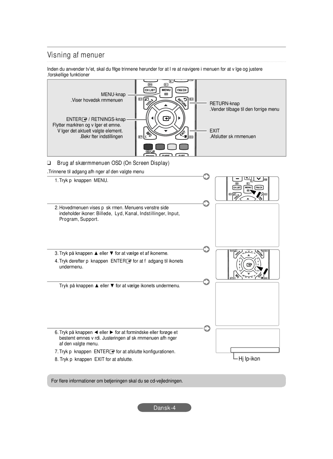 Samsung LS20CFVKF/XE manual Visning af menuer, Brug af skærmmenuen OSD On Screen Display, RETURN-knap, Program, Support 