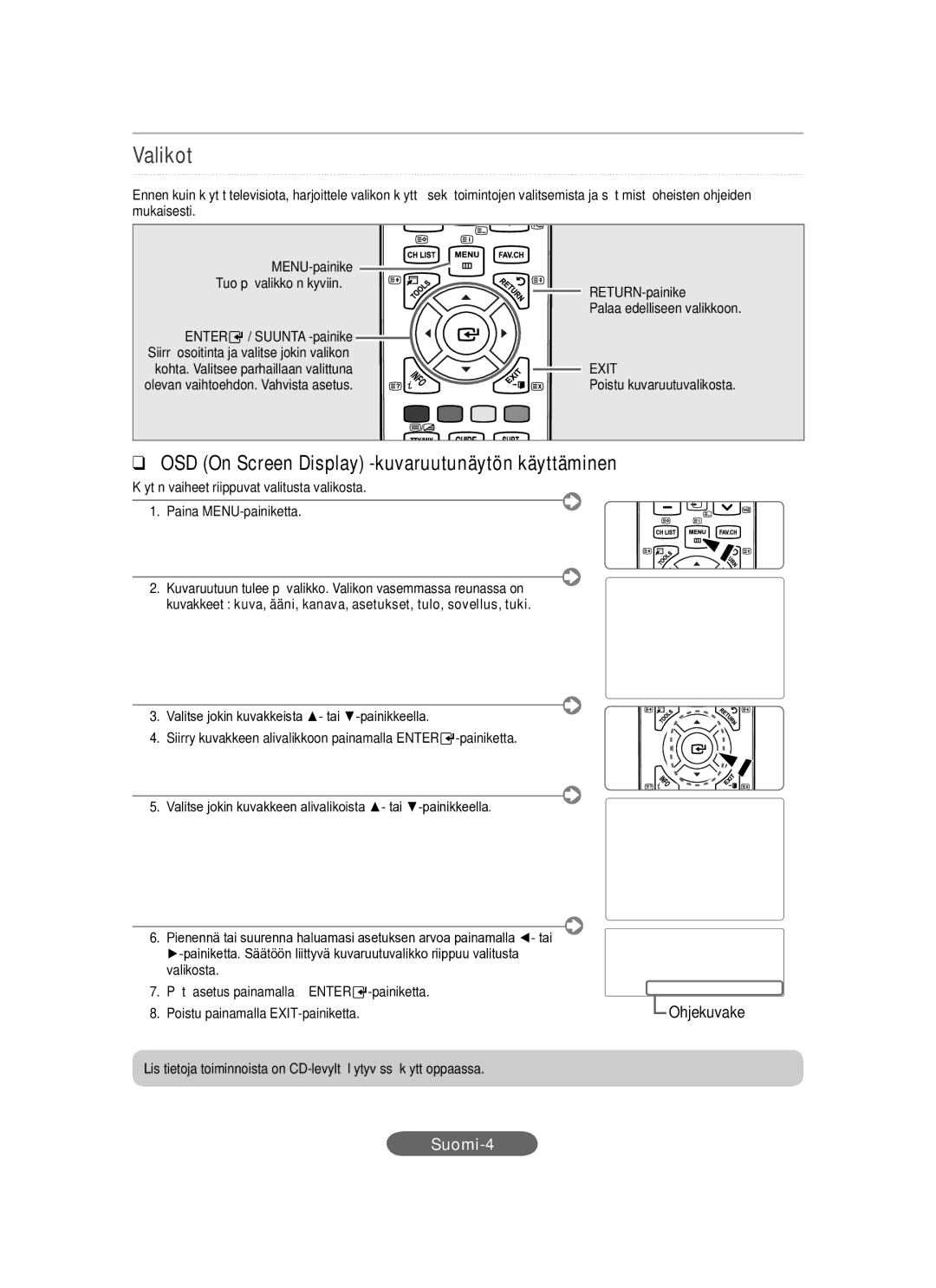 Samsung LS20CFVKF/XE, LS20CFVKF/EN manual Valikot, OSD On Screen Display -kuvaruutunäytön käyttäminen 