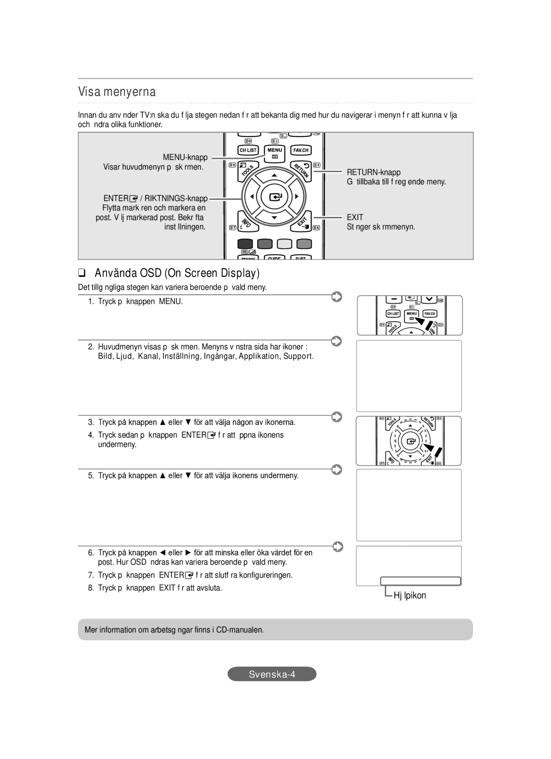 Samsung LS20CFVKF/XE, LS20CFVKF/EN manual Visa menyerna, Använda OSD On Screen Display 