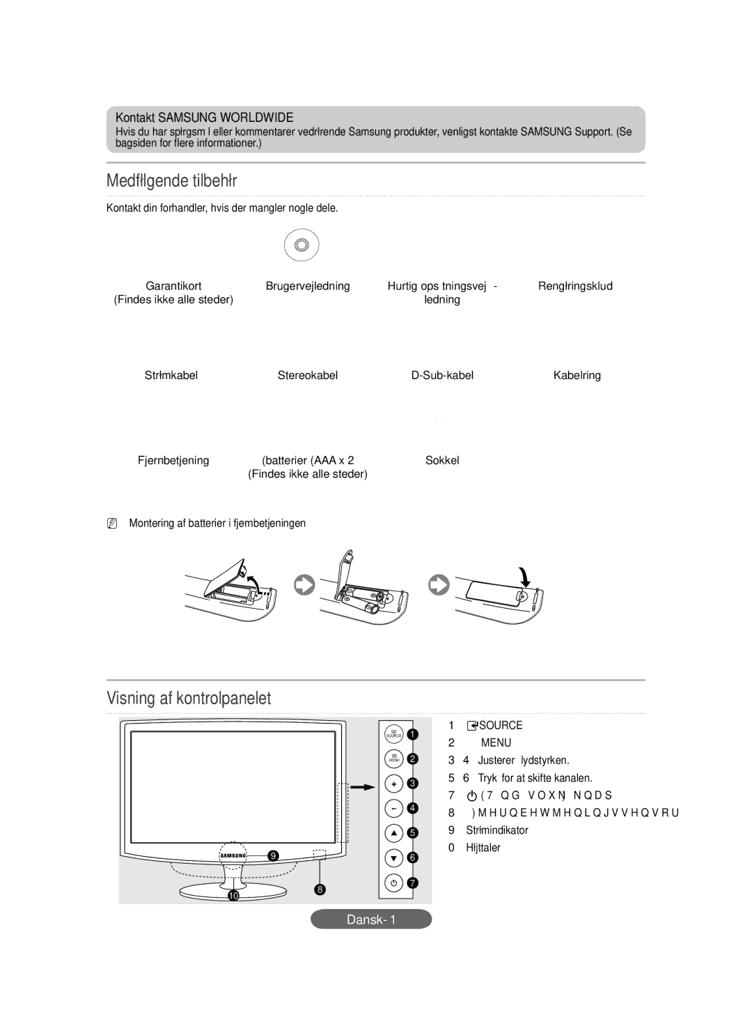 Samsung LS20CFVKF/EN, LS20CFVKF/XE manual Medfølgende tilbehør, Visning af kontrolpanelet, Kontakt Samsung Worldwide 