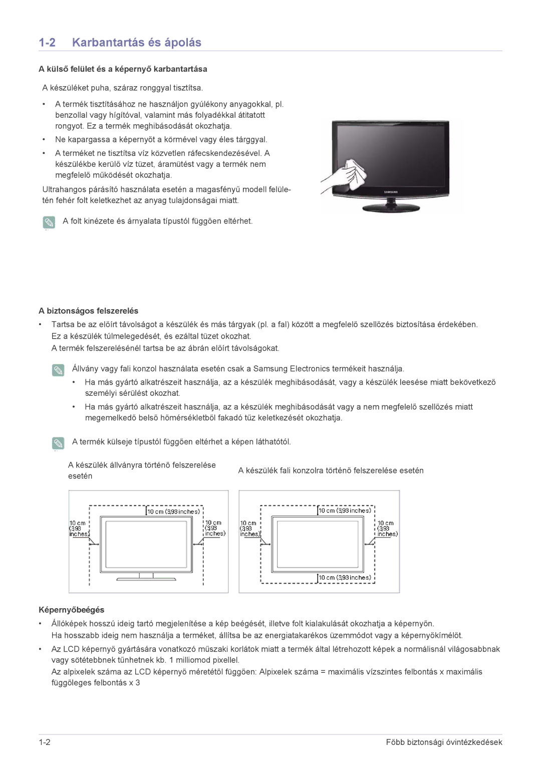 Samsung LS20CFVKF/EN manual Karbantartás és ápolás, Külső felület és a képernyő karbantartása, Biztonságos felszerelés 