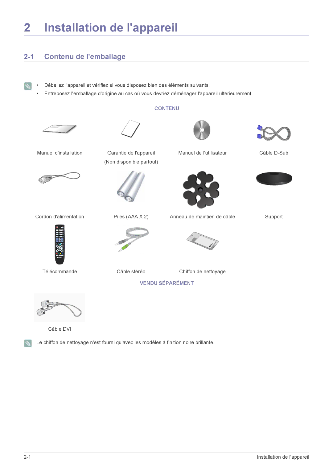 Samsung LS20CFVKF/EN manual Contenu de lemballage, Vendu Séparément 