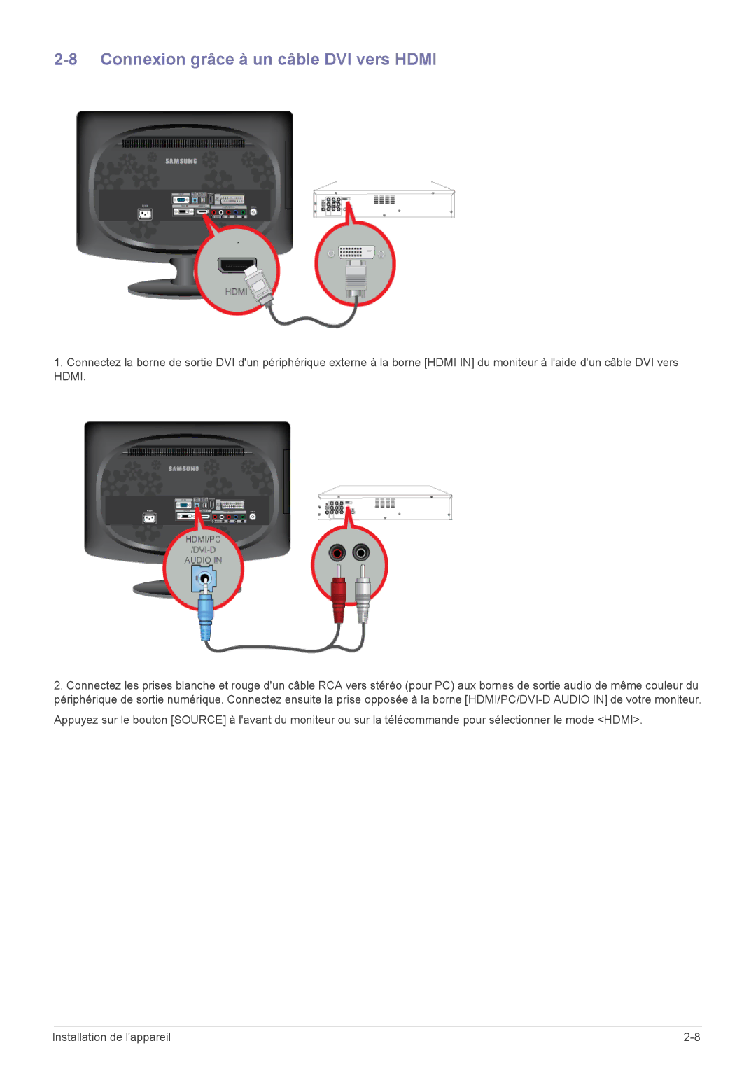 Samsung LS20CFVKF/EN manual Connexion grâce à un câble DVI vers Hdmi 