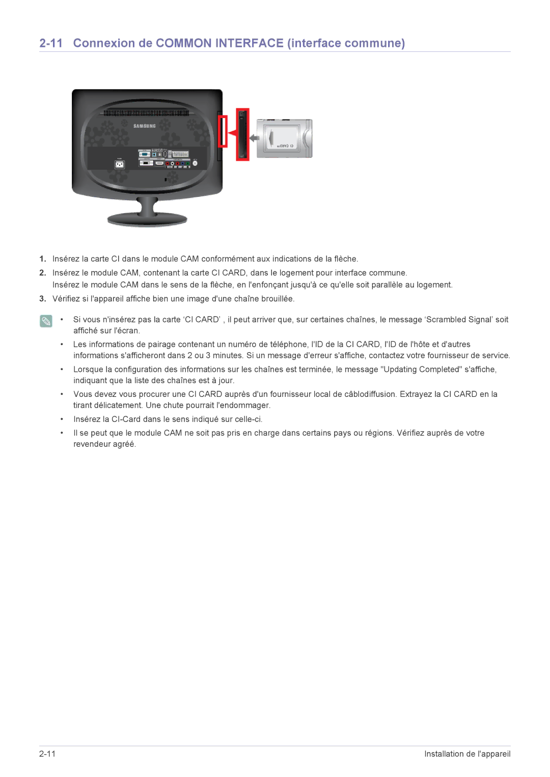 Samsung LS20CFVKF/EN manual Connexion de Common Interface interface commune 