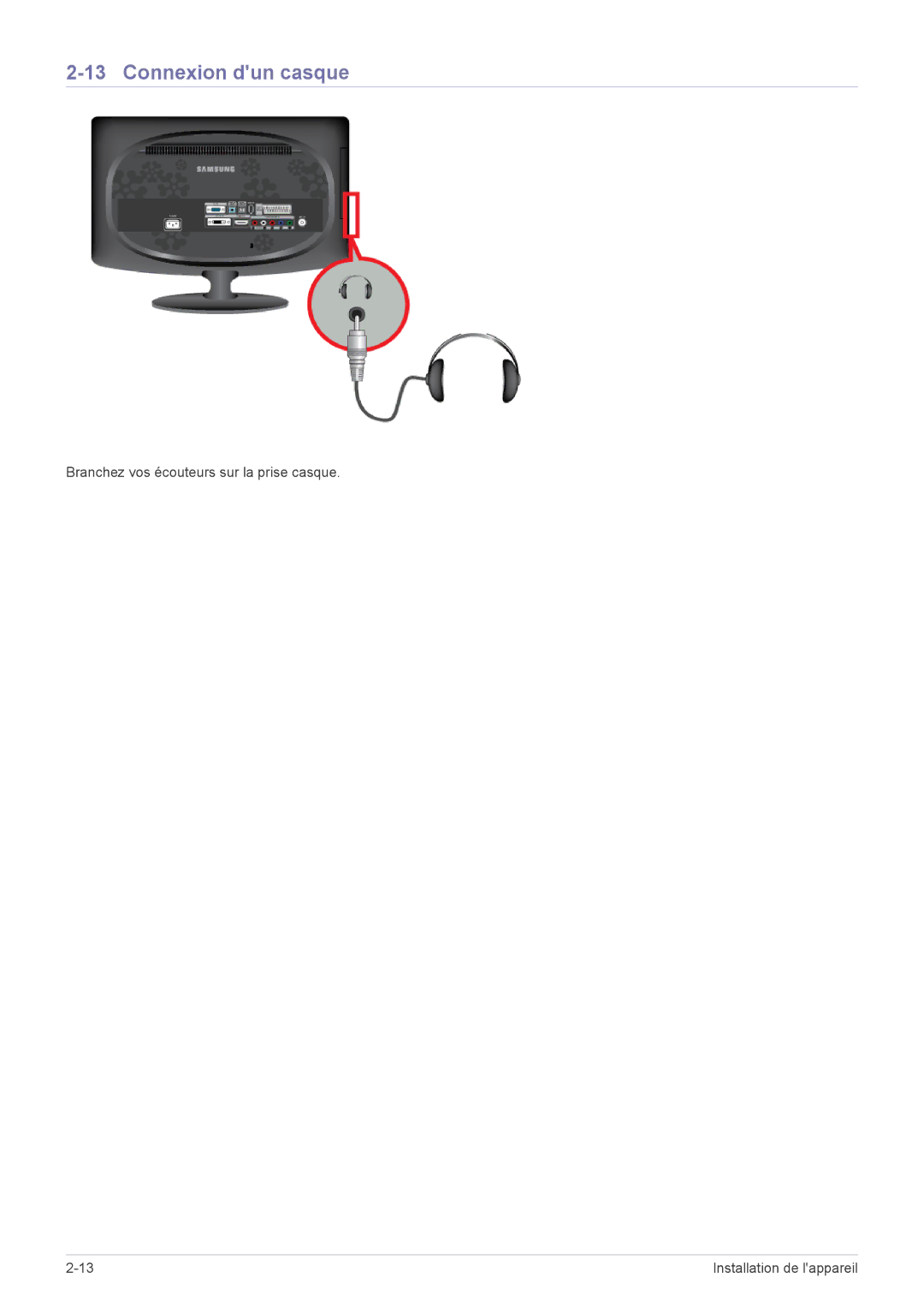 Samsung LS20CFVKF/EN manual Connexion dun casque, Branchez vos écouteurs sur la prise casque 