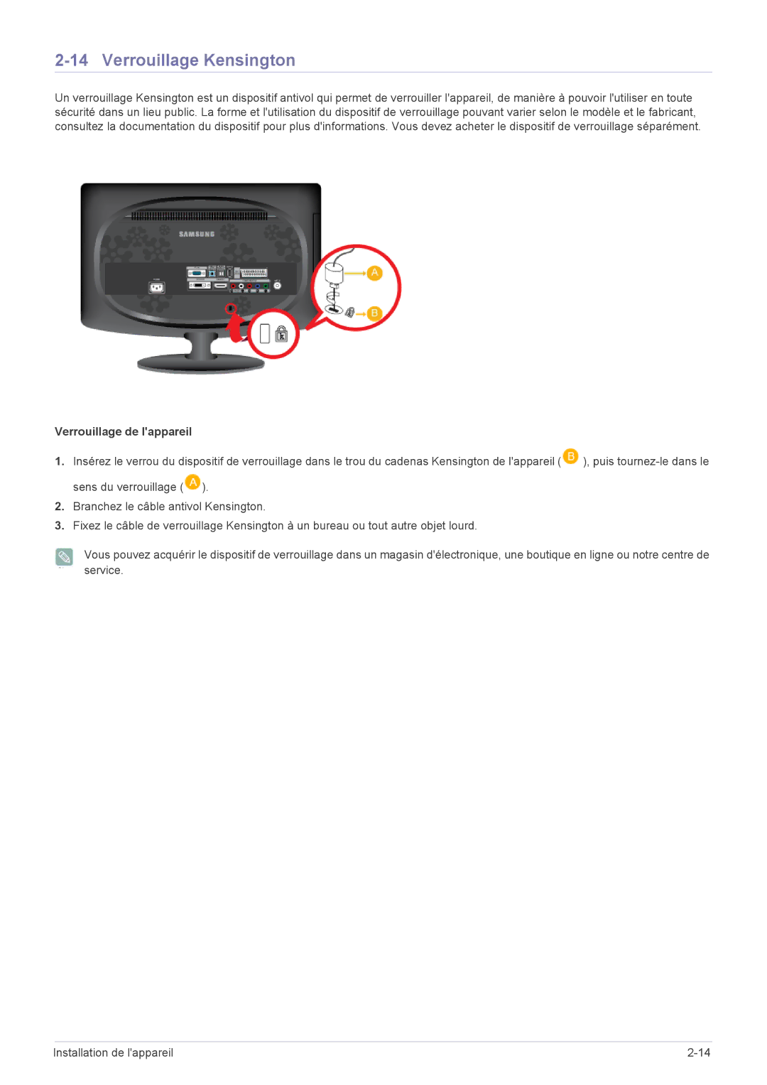 Samsung LS20CFVKF/EN manual Verrouillage Kensington, Verrouillage de lappareil 