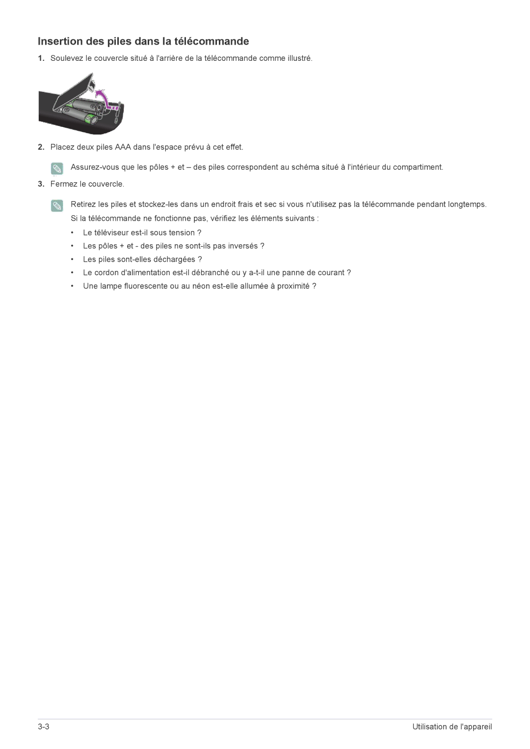 Samsung LS20CFVKF/EN manual Insertion des piles dans la télécommande 