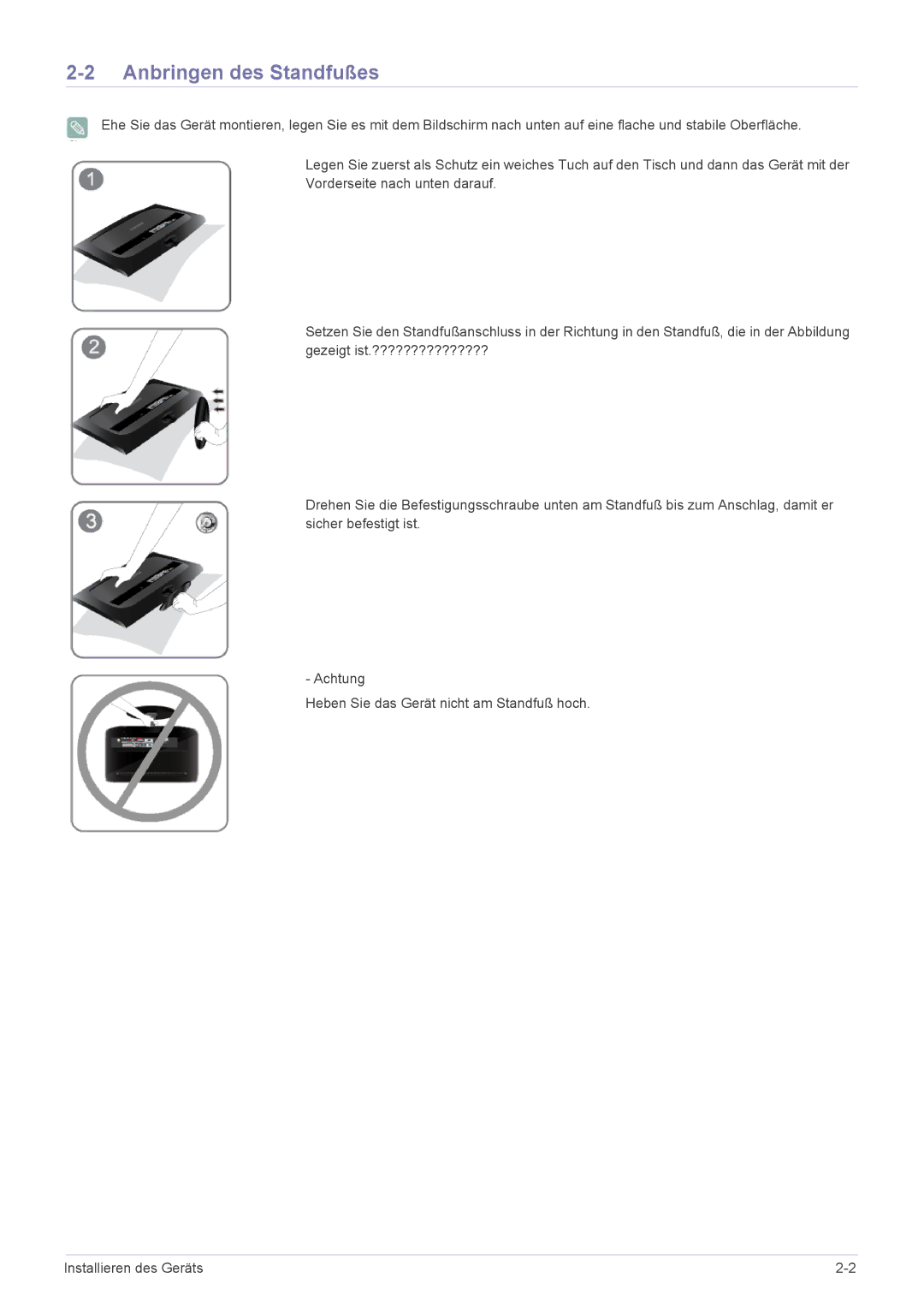 Samsung LS20CFVKF/EN manual Anbringen des Standfußes 