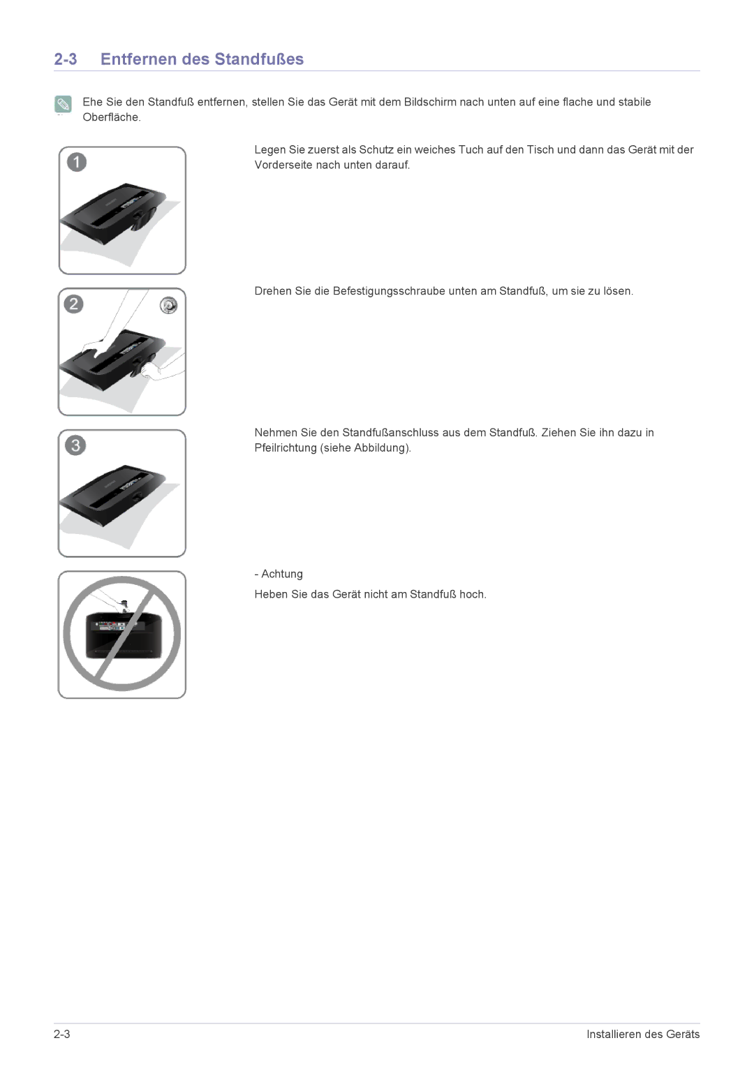 Samsung LS20CFVKF/EN manual Entfernen des Standfußes 