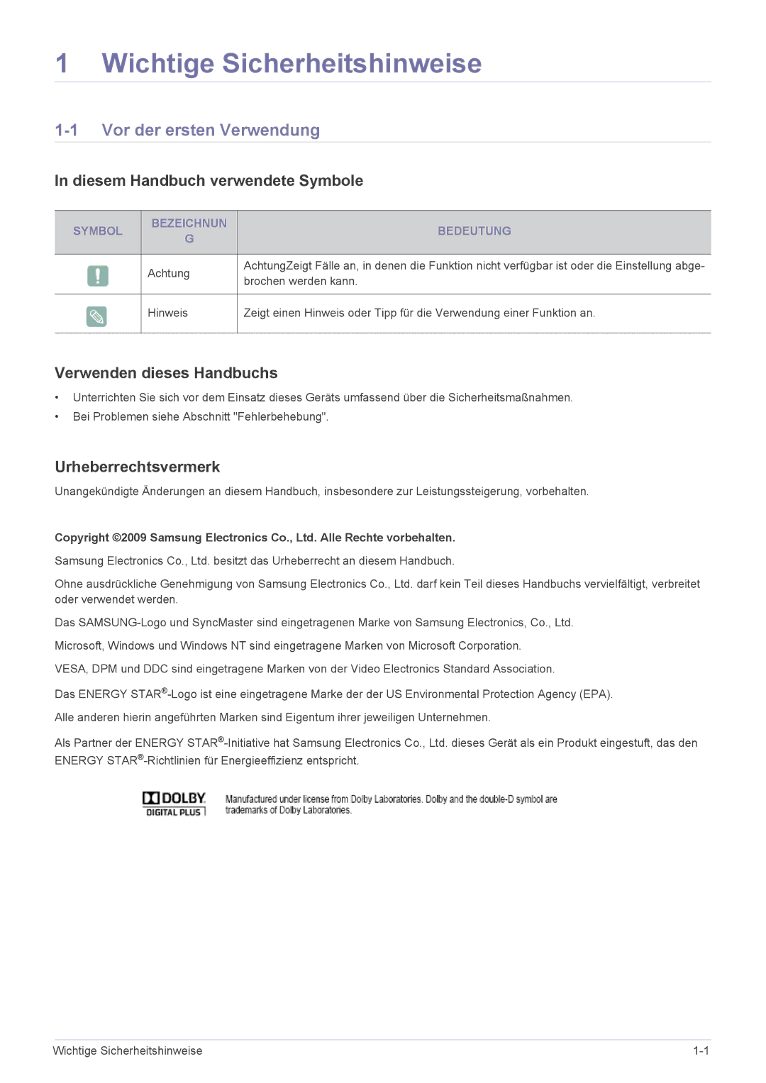 Samsung LS20CFVKF/EN manual Vor der ersten Verwendung, Diesem Handbuch verwendete Symbole, Verwenden dieses Handbuchs 