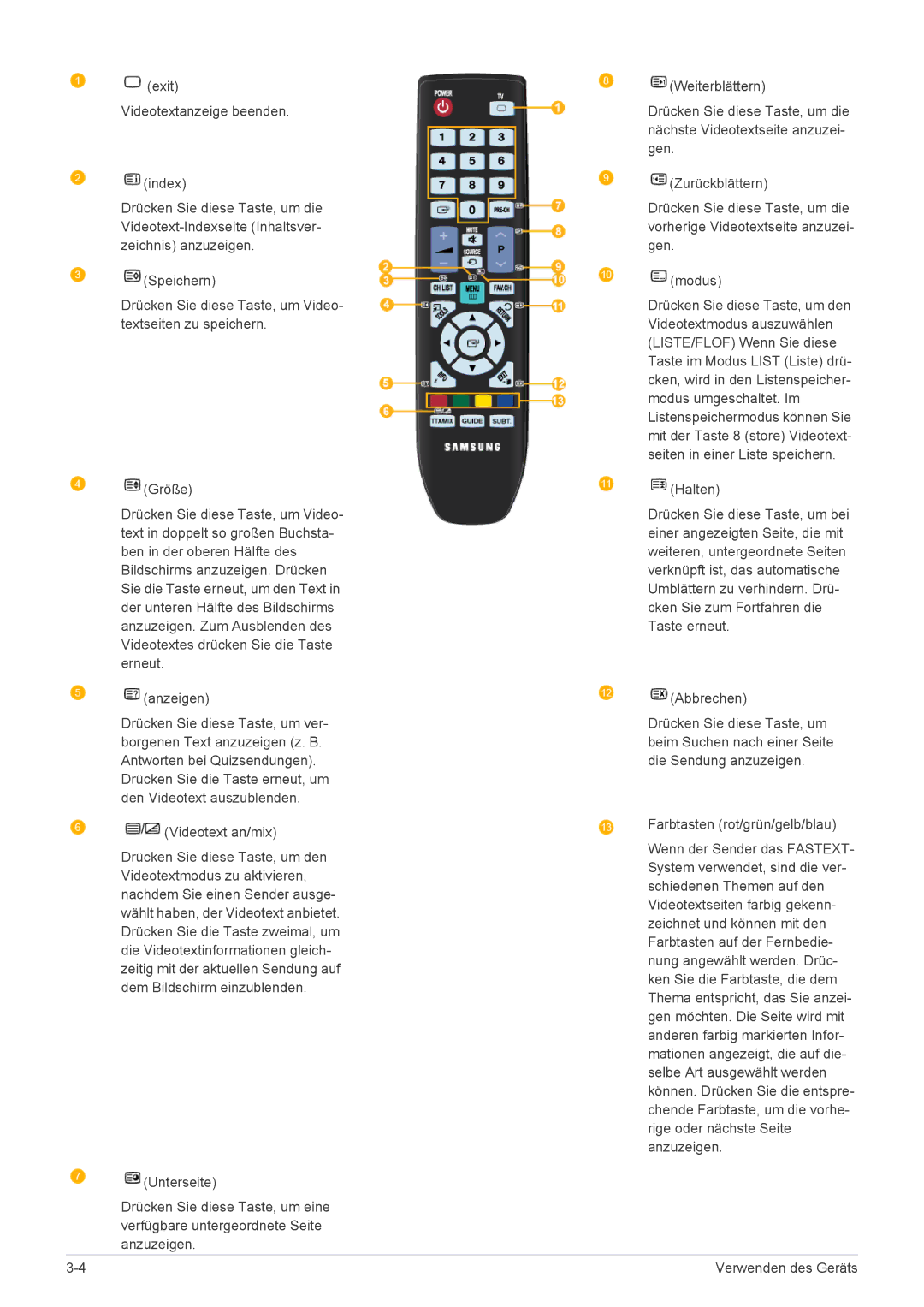 Samsung LS20CFVKF/EN manual Exit Videotextanzeige beenden Index 