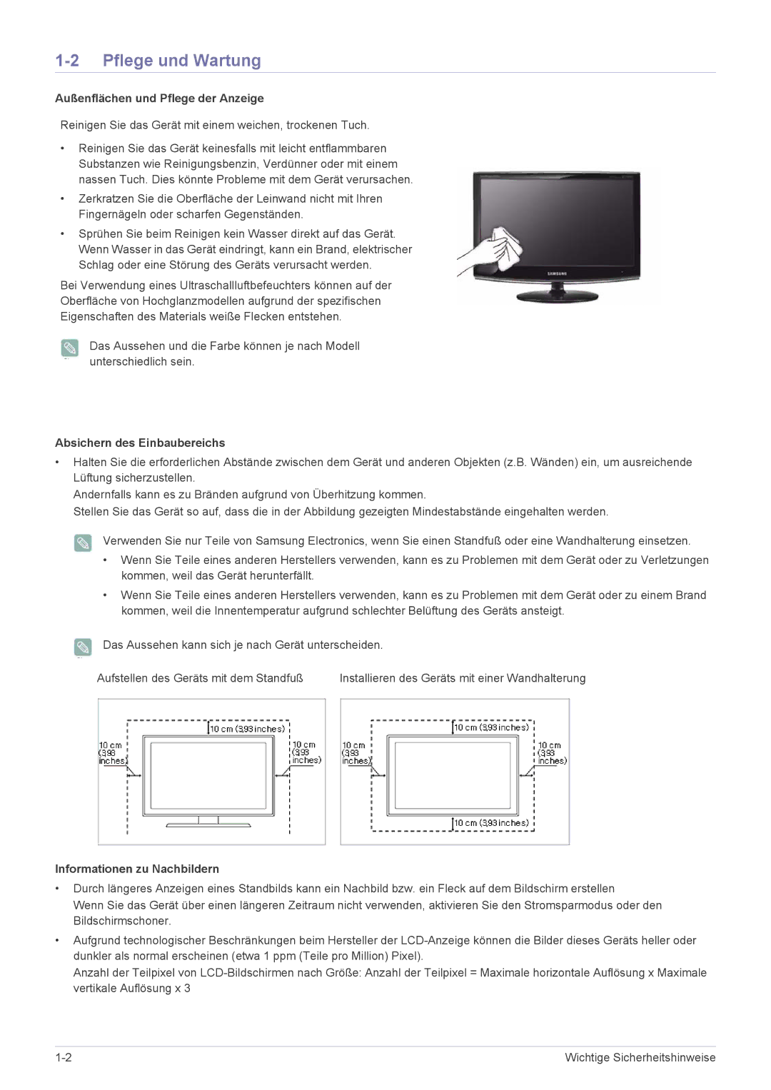 Samsung LS20CFVKF/EN manual Pflege und Wartung, Außenflächen und Pflege der Anzeige, Absichern des Einbaubereichs 