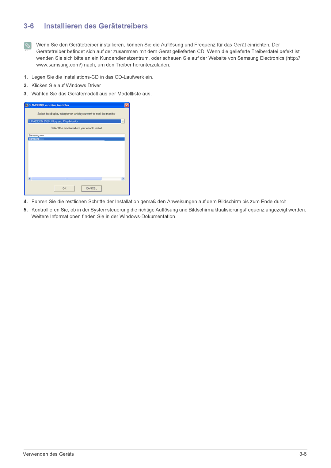 Samsung LS20CFVKF/EN manual Installieren des Gerätetreibers 